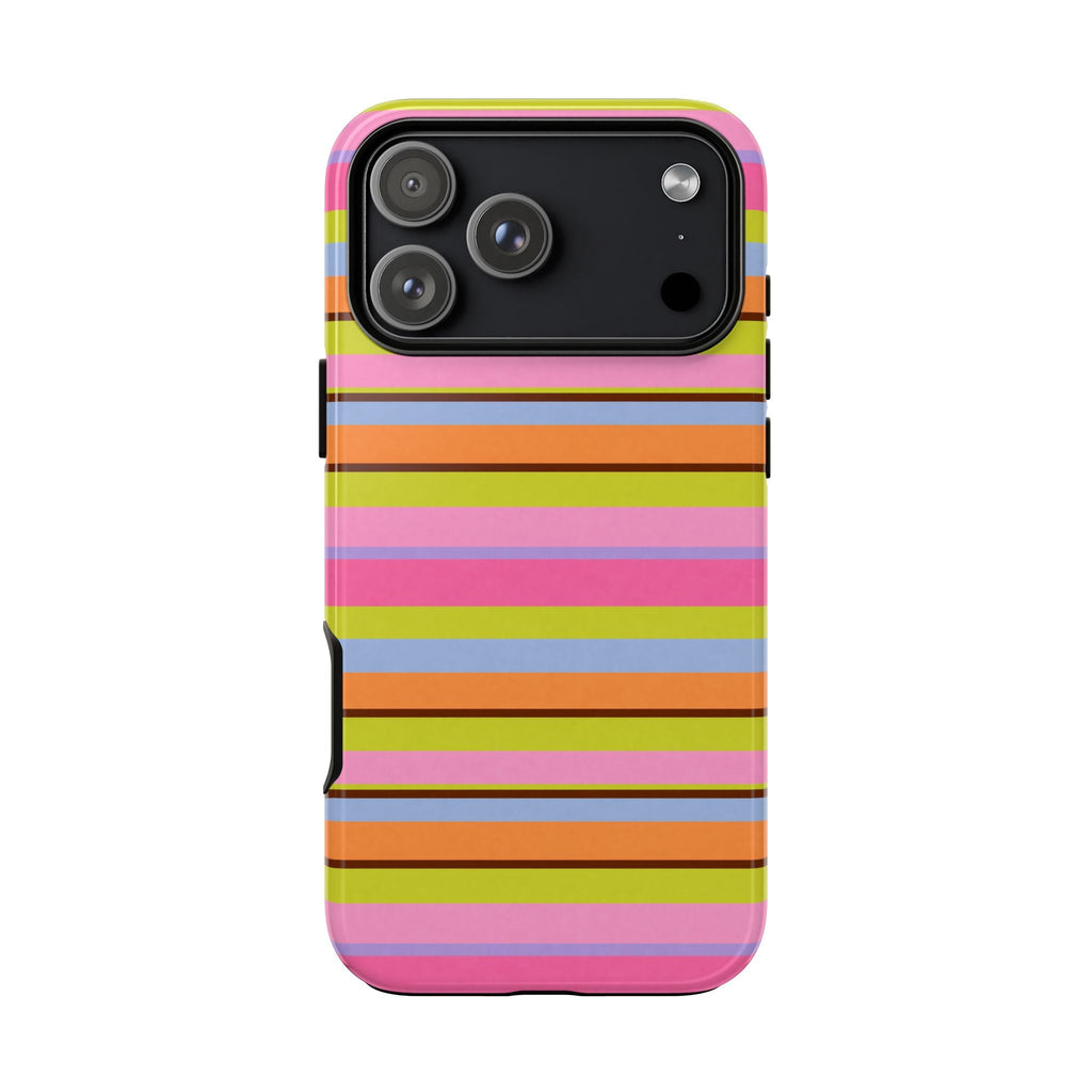 Striped phone case with black camera cutout area and bright horizontal bands