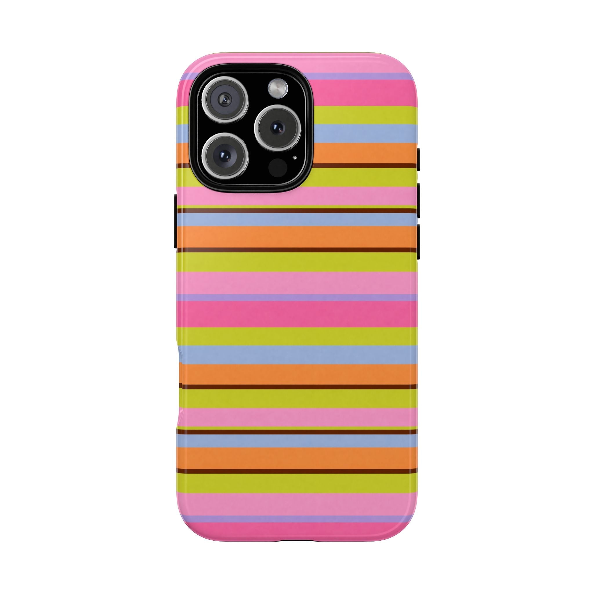 Pink, orange, yellow, and blue striped phone case with black camera frame