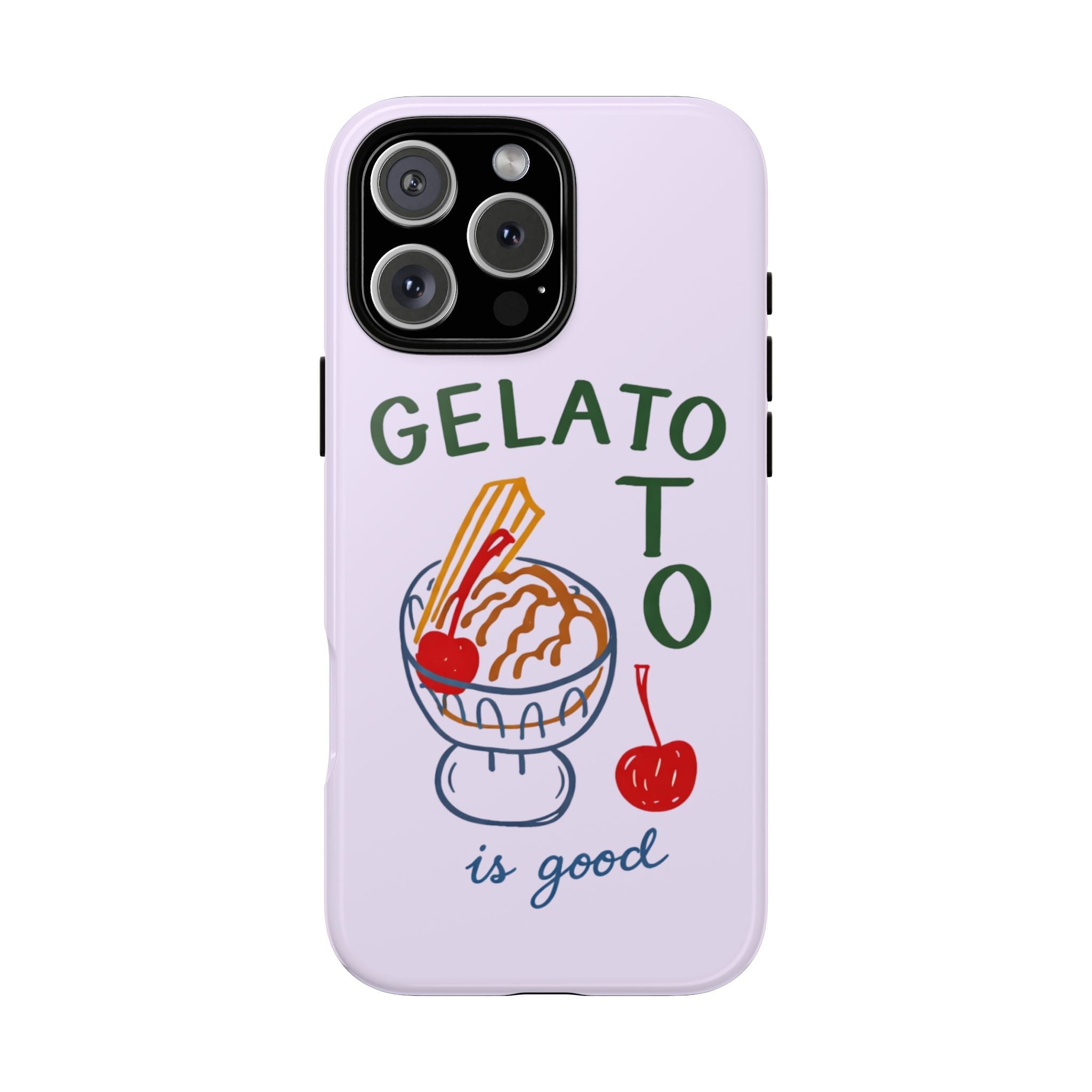 Lilac phone case with GELATO graphic, ice cream illustration, and "is good" text