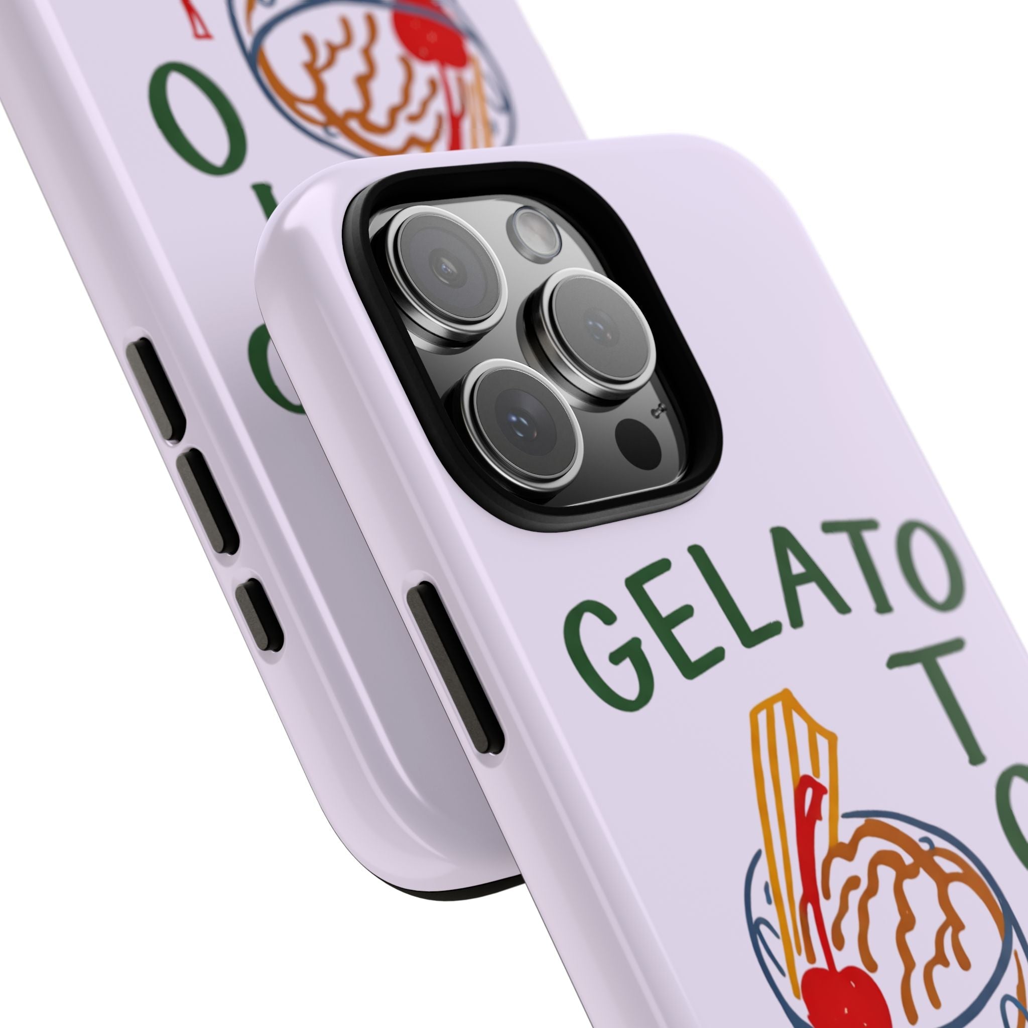 Angle close-up: lilac GELATO phone case with ice cream artwork and camera openings