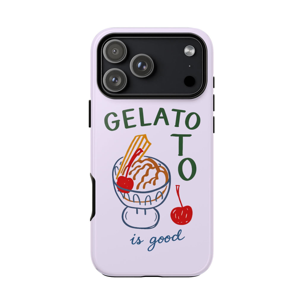 Lilac phone case with GELATO ice cream design and camera cutout, dark lens area