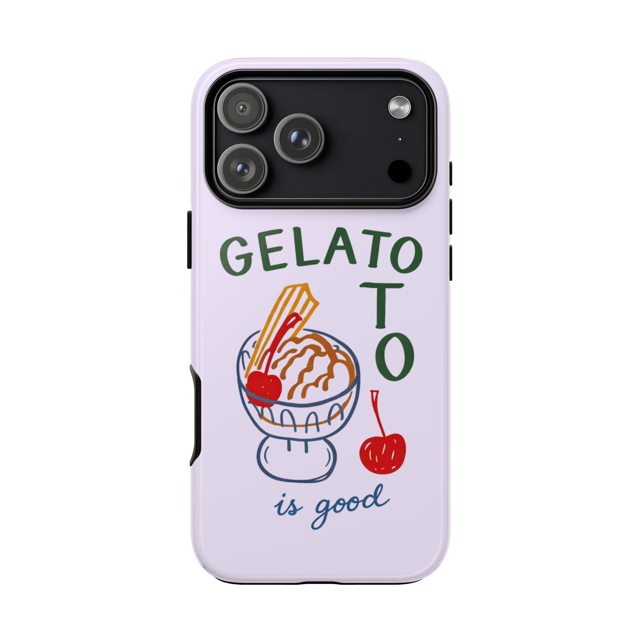 Lilac phone case with GELATO ice cream design and camera cutout, dark lens area
