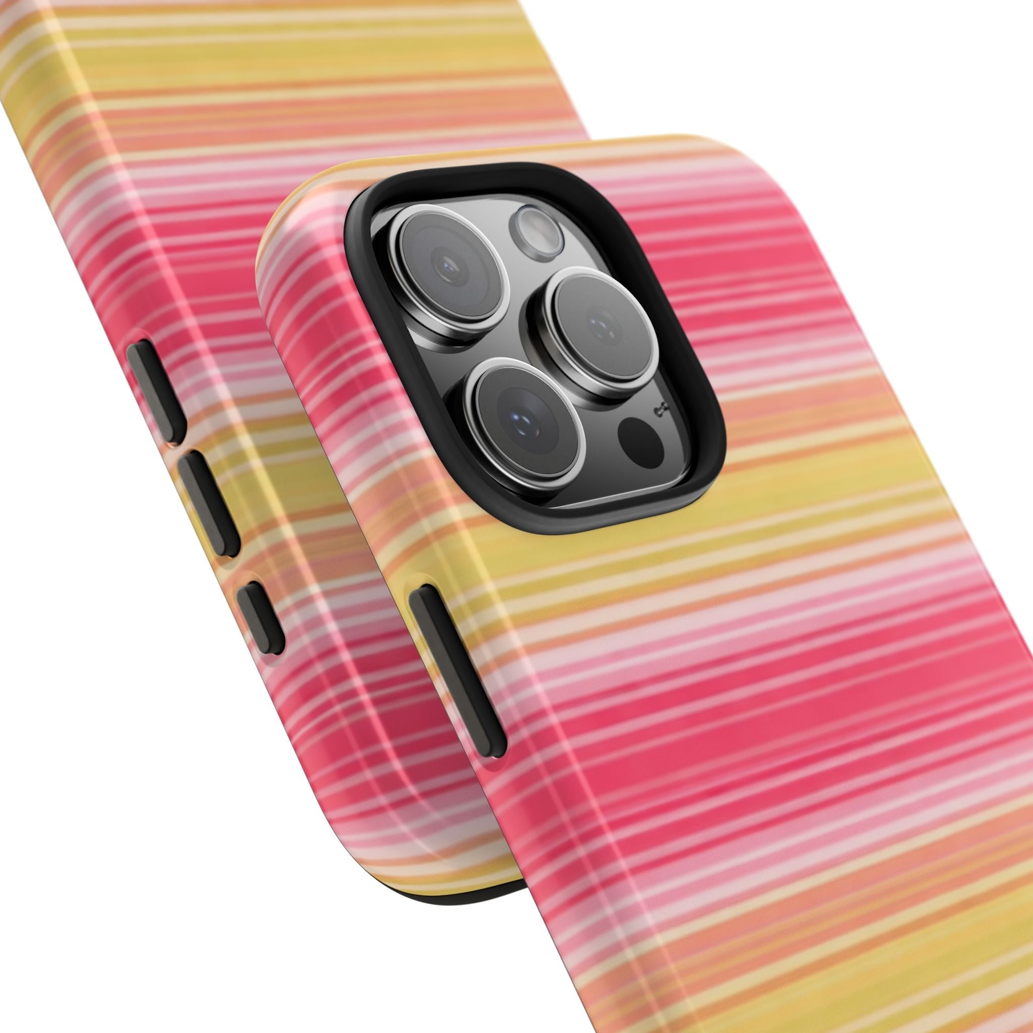 Gelato stripes phone case in striped pink and yellow, angled view with side button cutouts