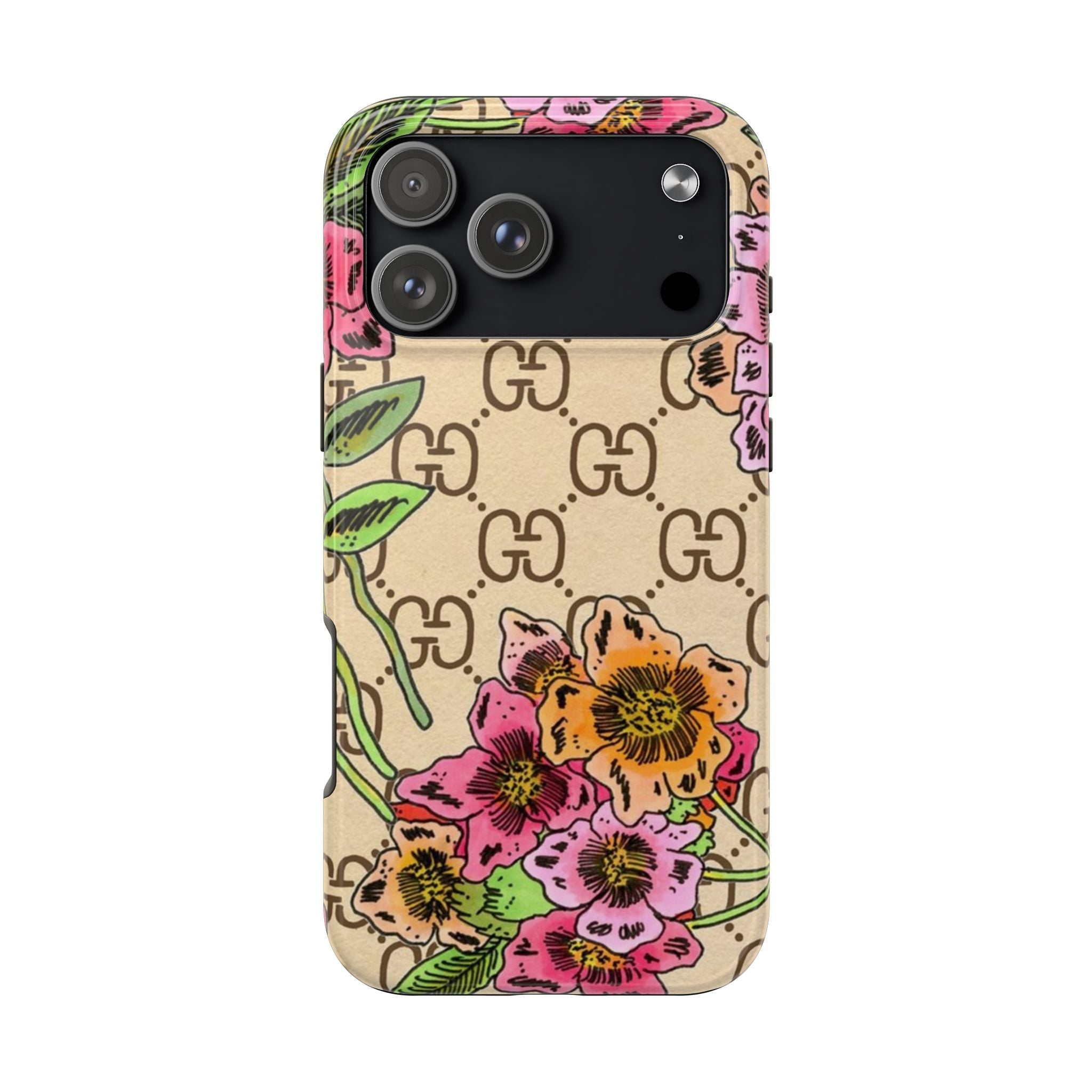 Floral GG-pattern phone case with pink & yellow flowers on beige