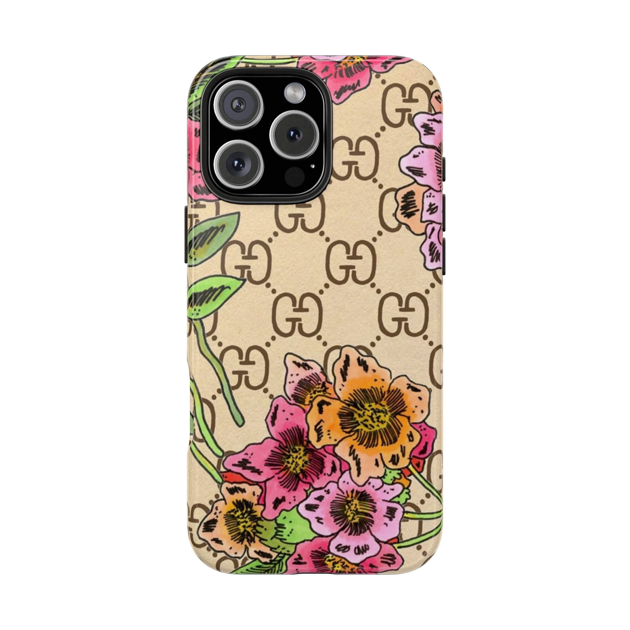 Floral GG-pattern phone case, beige with pink, yellow flowers and green leaves