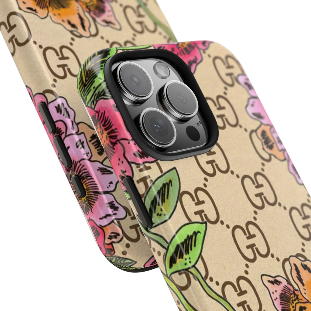 Angle view of floral GG-pattern phone case with flower print and camera cutout