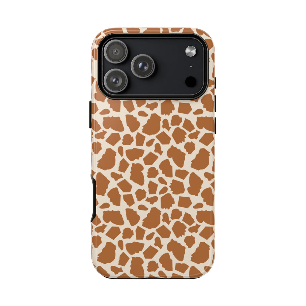 Giraffe-pattern phone case front, brown-and-white mosaic print with raised camera ring