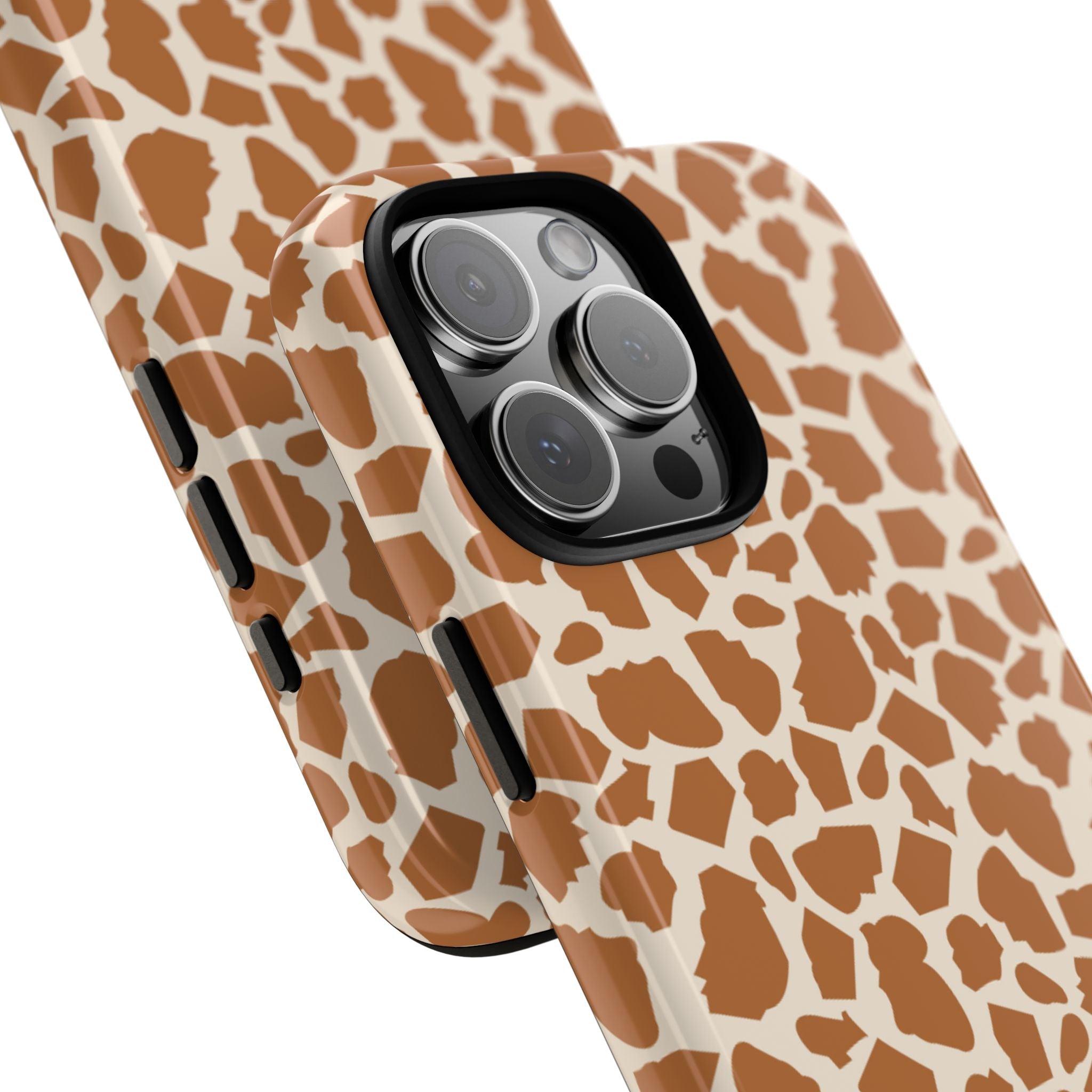 Giraffe-pattern phone case side view, brown and white print with button cutouts