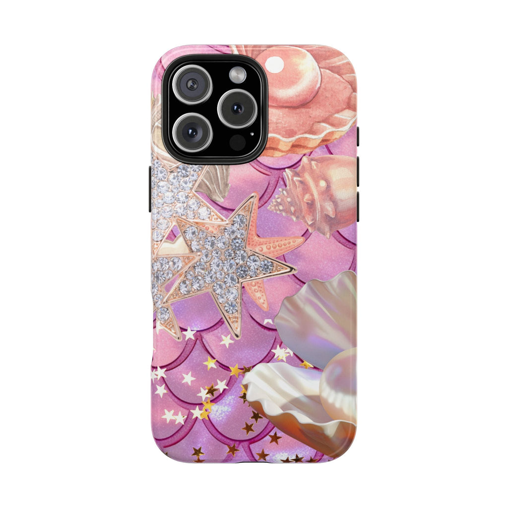 Mermaid shell phone case featuring rhinestone starfish, pastel pink-and-purple waves
