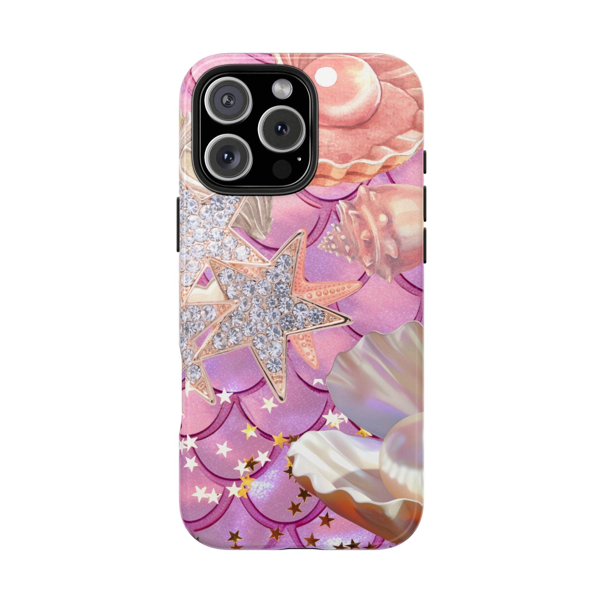 Mermaid shell phone case featuring rhinestone starfish, pastel pink-and-purple waves