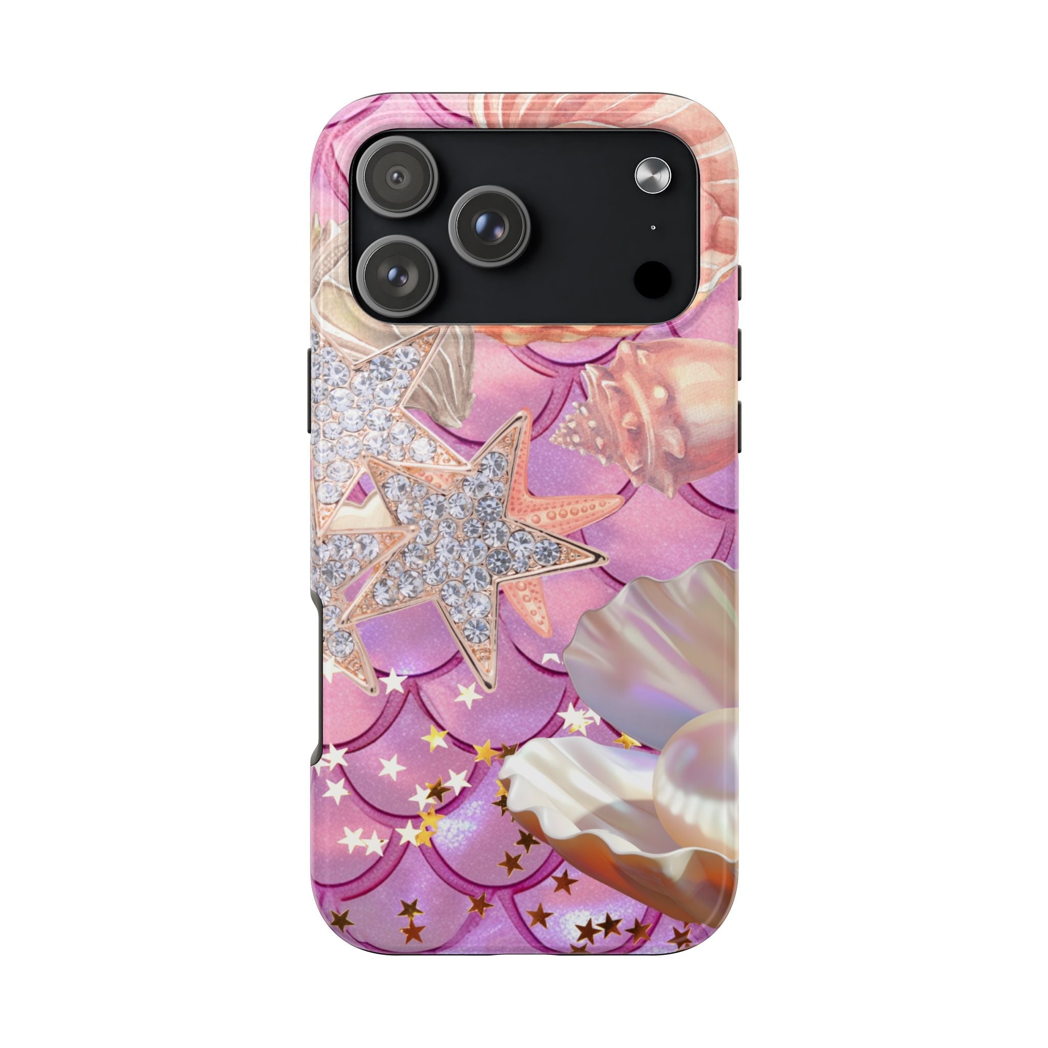 Mermaid shell phone case with glittery starfish and purple-pink seashell design