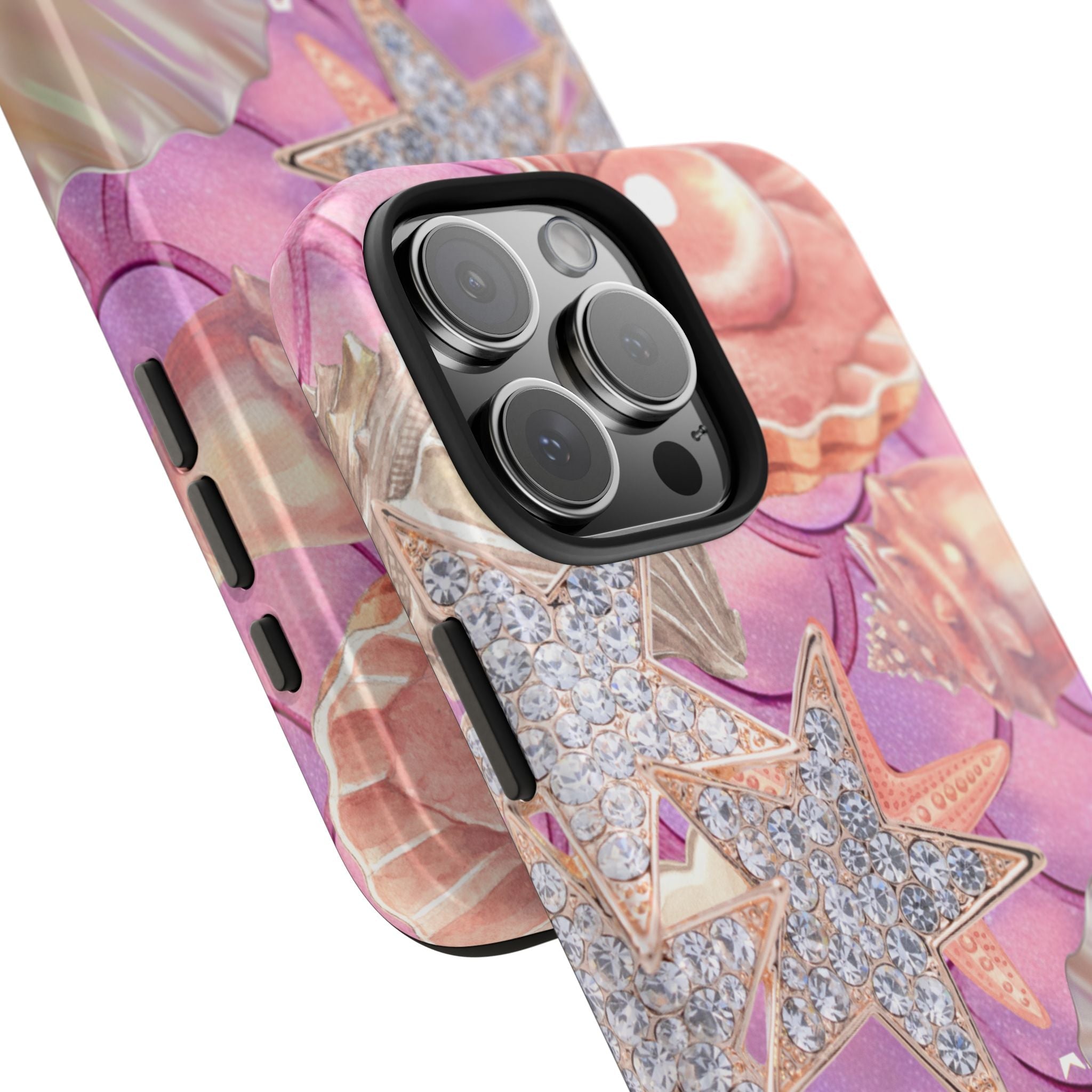 Mermaid shell phone case close-up with sparkling starfish and seashell waves pattern