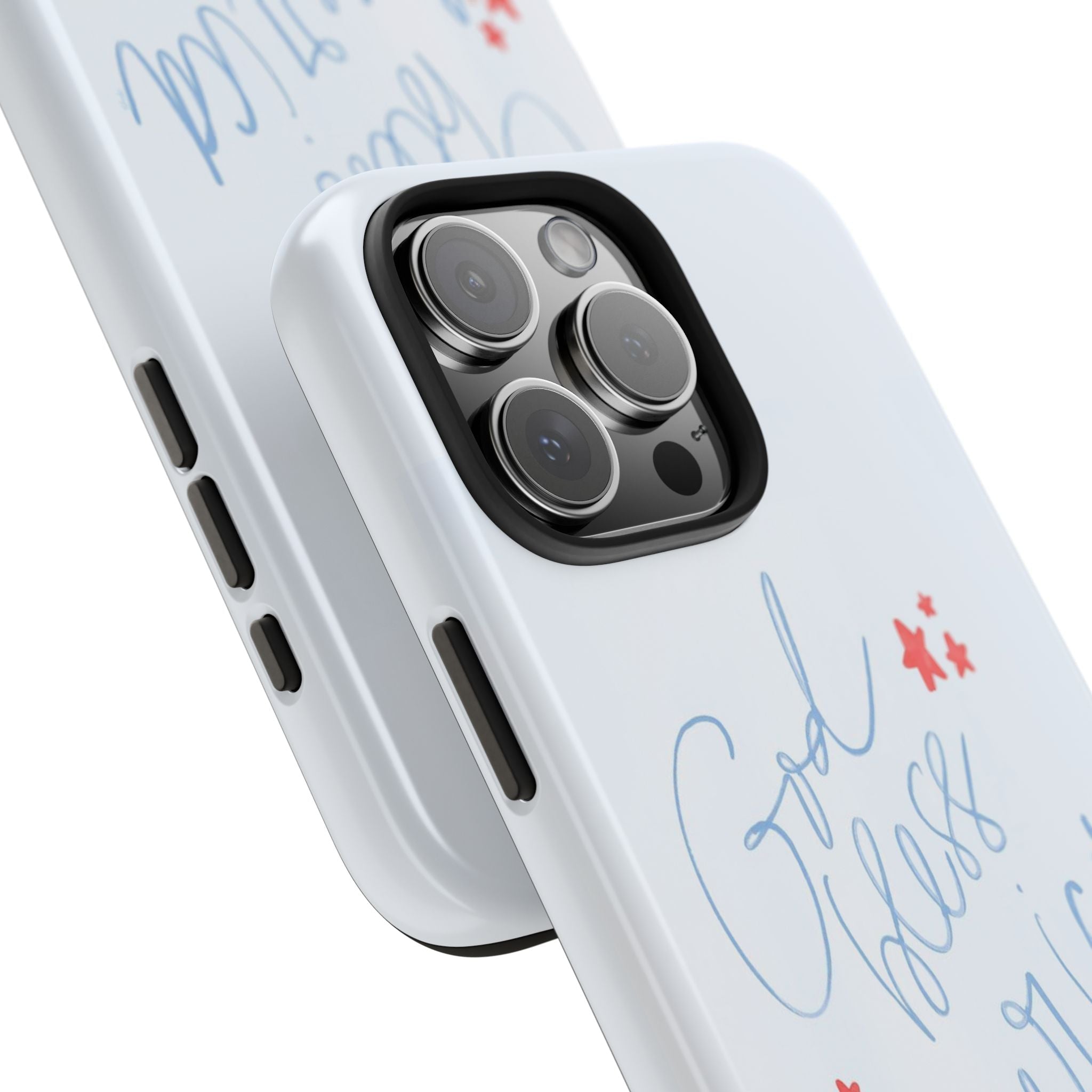 Angled view of white phone case with blue “God Bless America” script and red stars, buttons