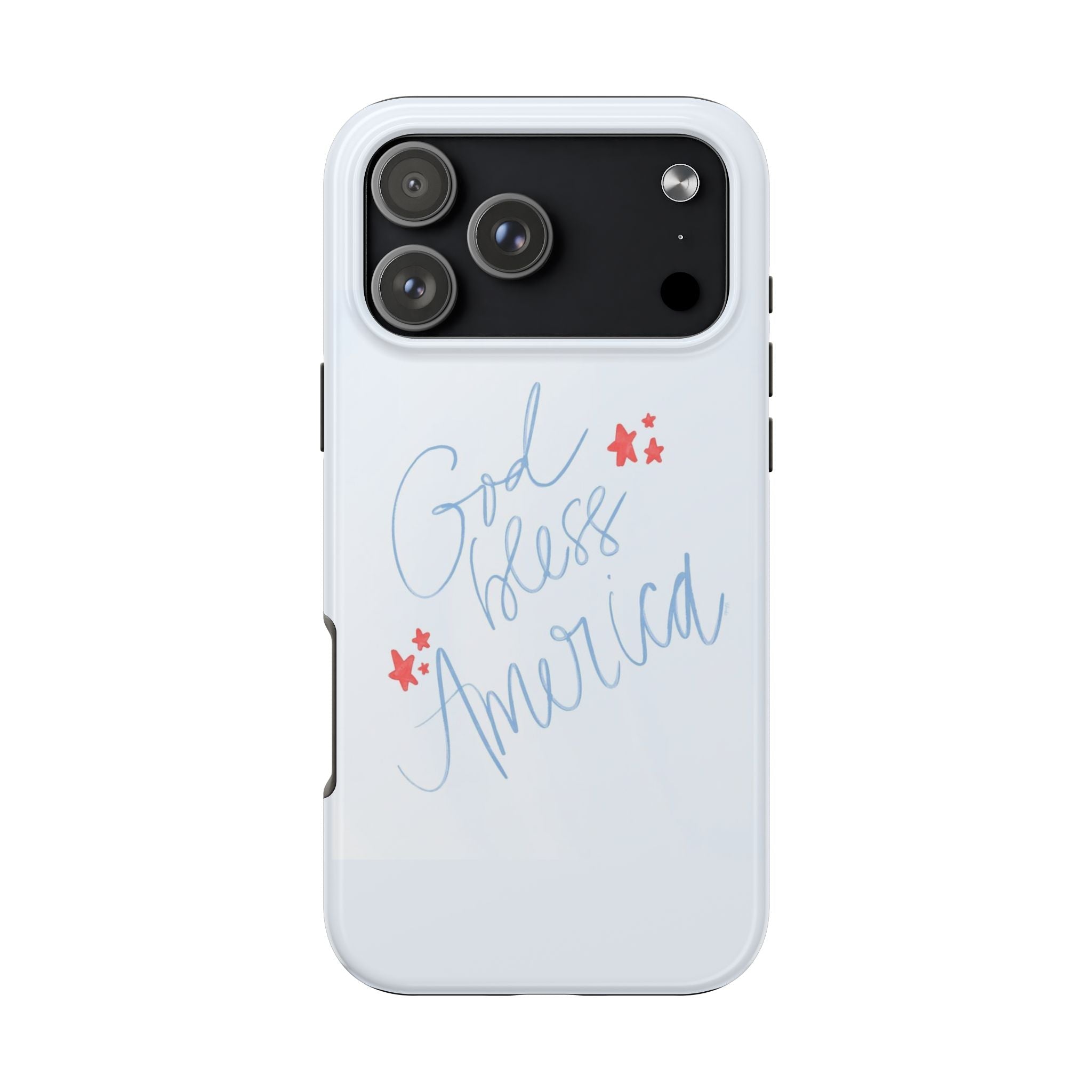 White phone case with blue “God Bless America” lettering and red stars, front camera area
