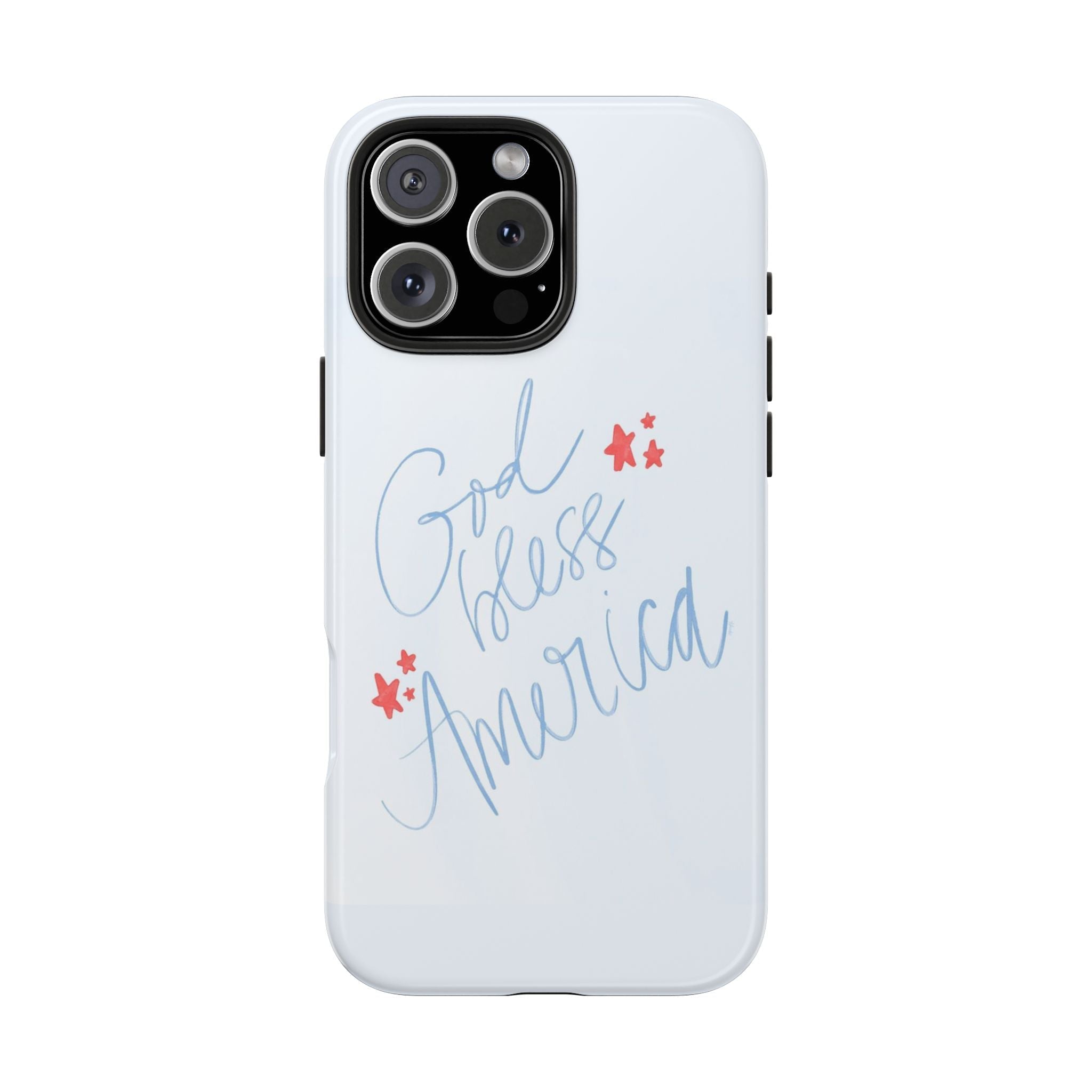 White phone case with blue cursive “God Bless America” and red star accents, camera cutout