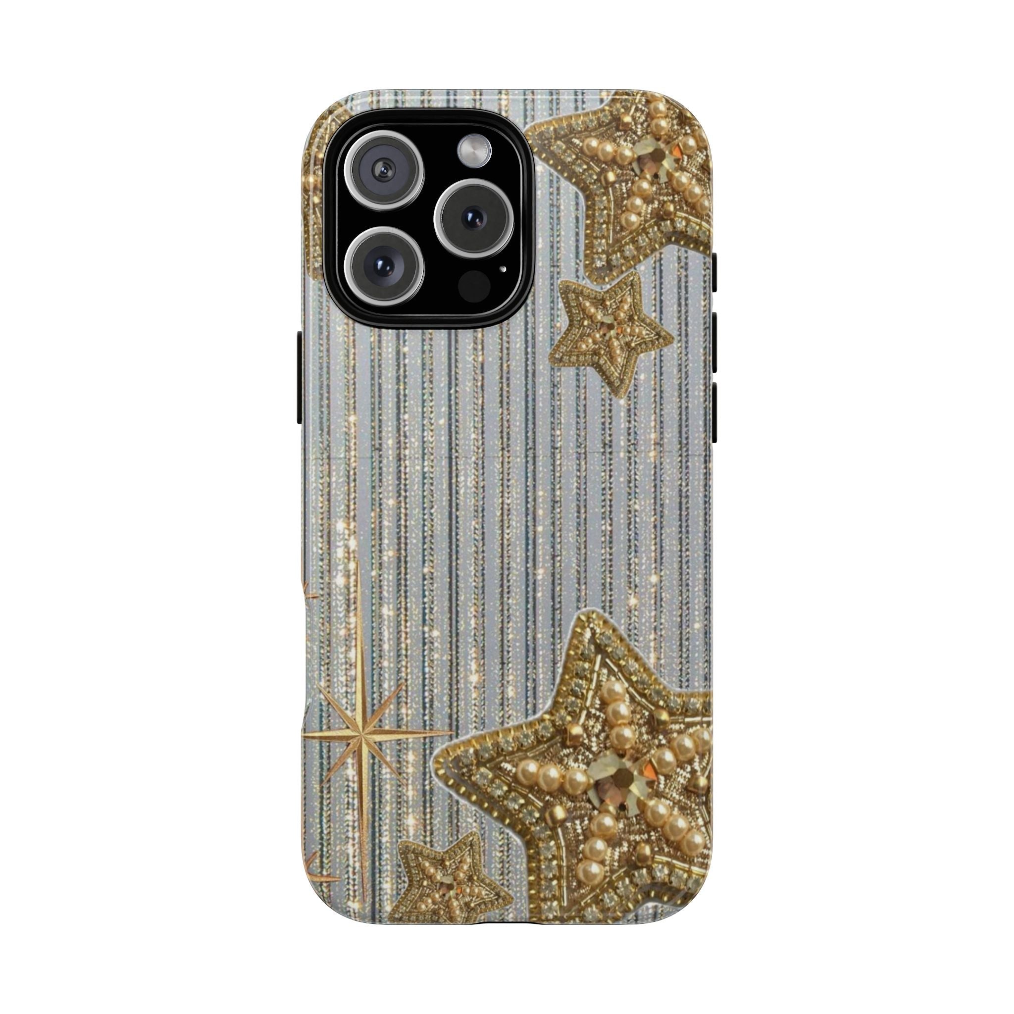 Gold sequin star phone case with vertical shimmer stripes and decorative gold star accents