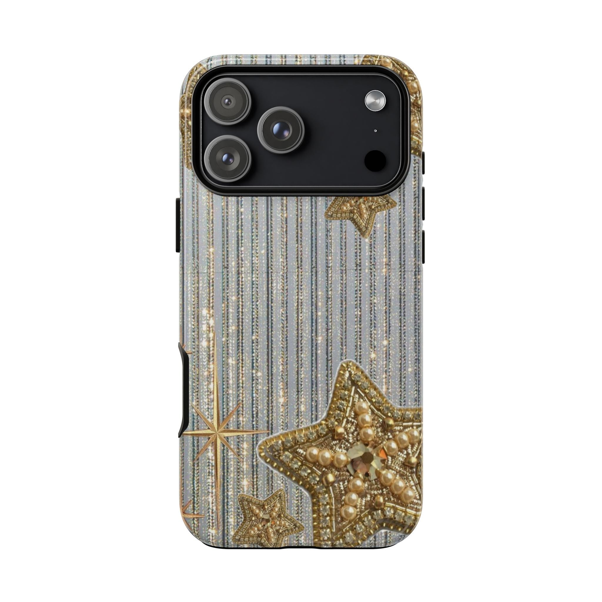 Gold sequin stars phone case with light blue vertical glitter stripes and pearl-like trim