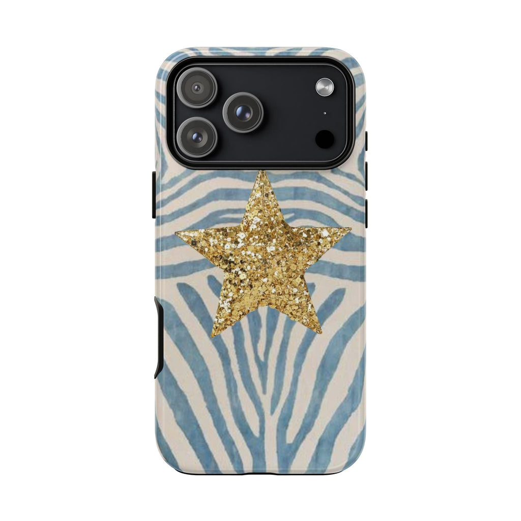 Gold star animal print phone case, blue zebra stripes with camera cutouts