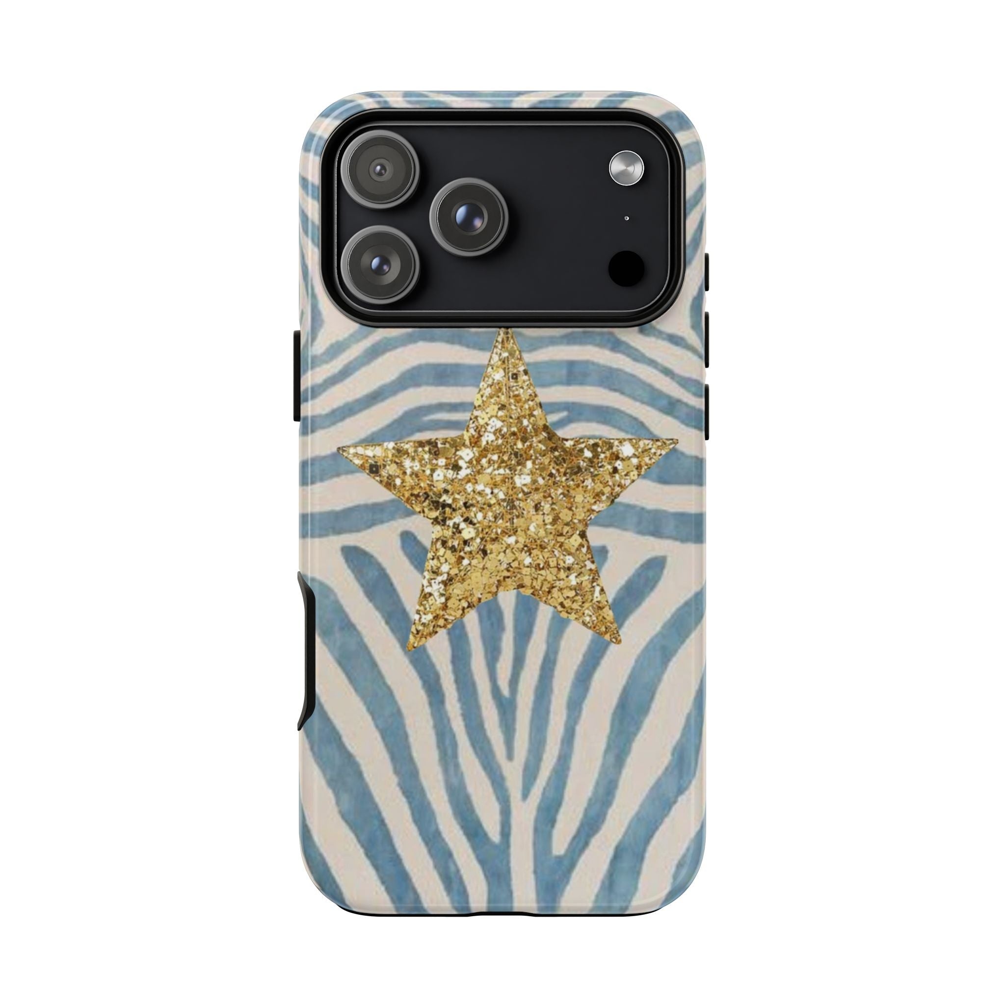 Gold star animal print phone case, blue zebra stripes with camera cutouts