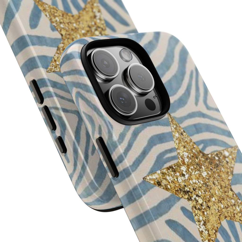Angled gold star animal print phone case showing camera lenses and blue zebra print