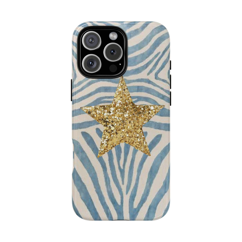 Gold star animal print phone case with blue and white zebra stripes