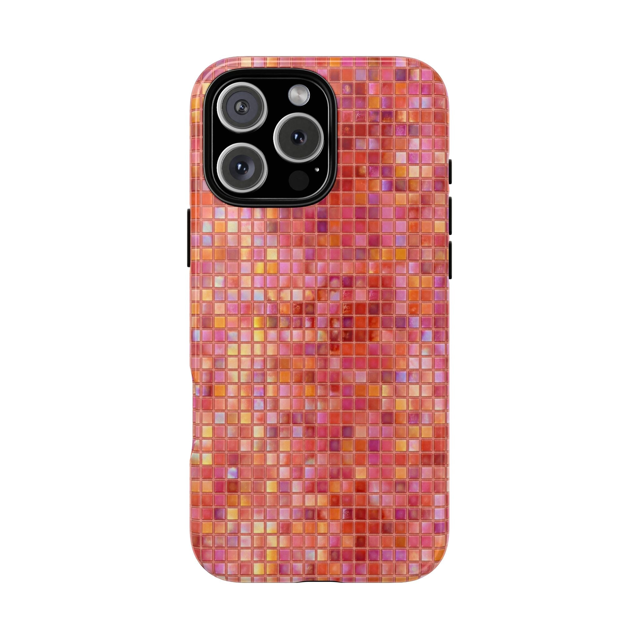 Golden Hour mosaic phone case with pink, orange, and gold tiles; black camera frame.