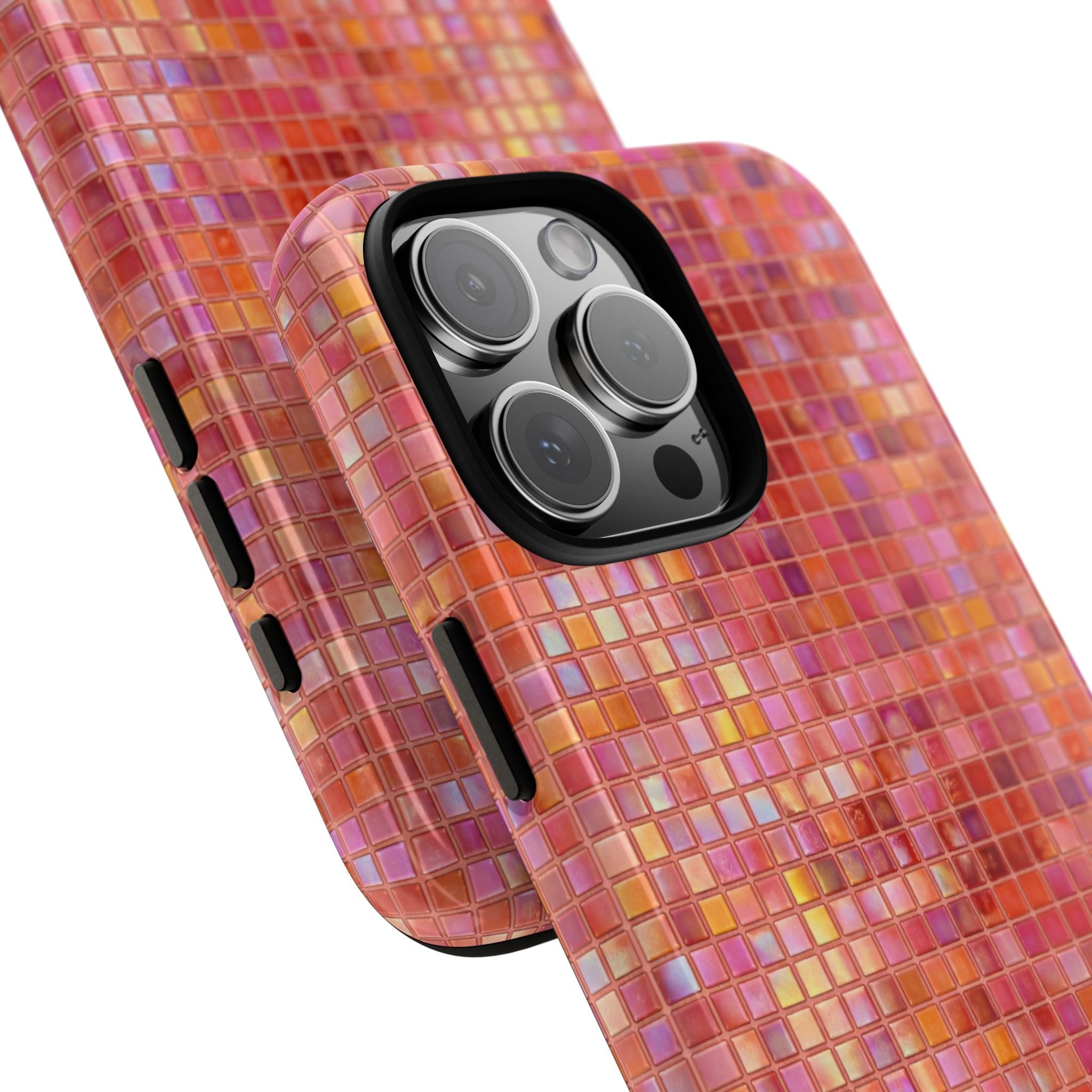 Mosaic phone case with pink-orange tile pattern, raised camera cutout, and side buttons.