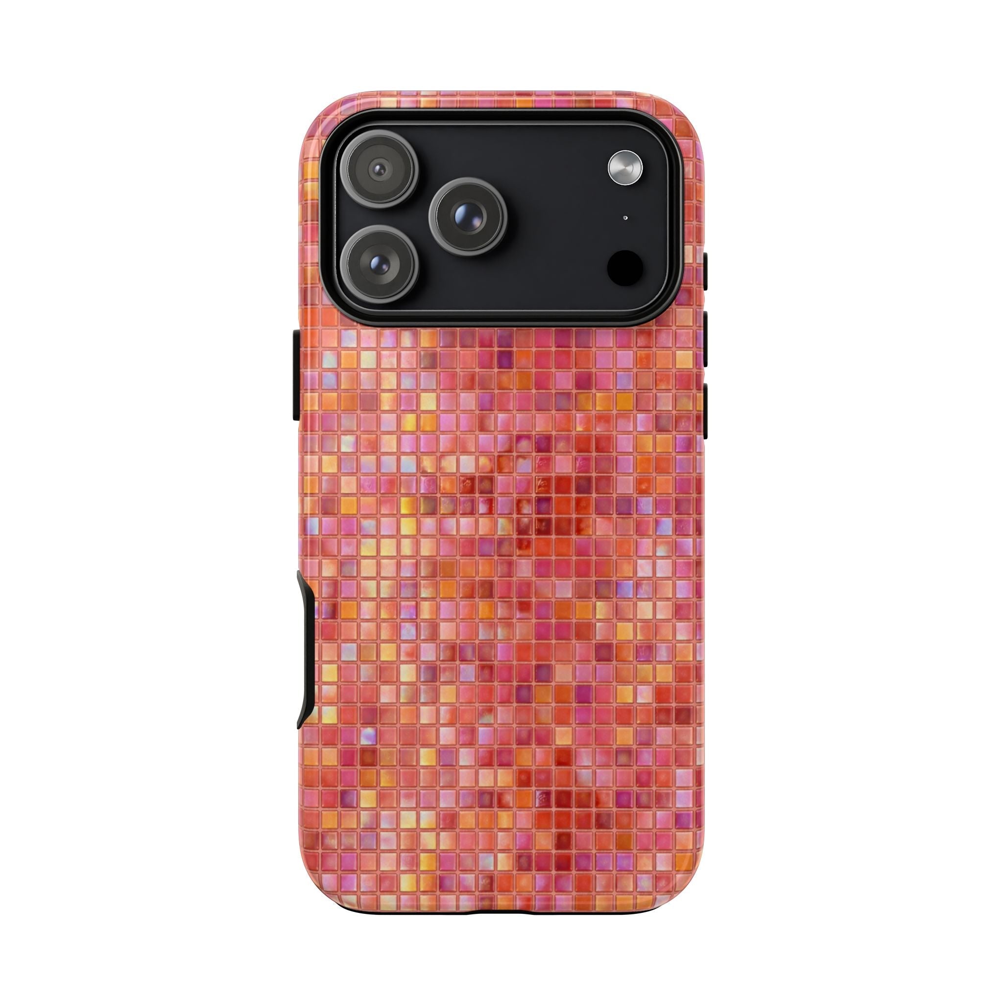 Golden Hour mosaic phone case with warm pink and orange tile design and black camera panel.