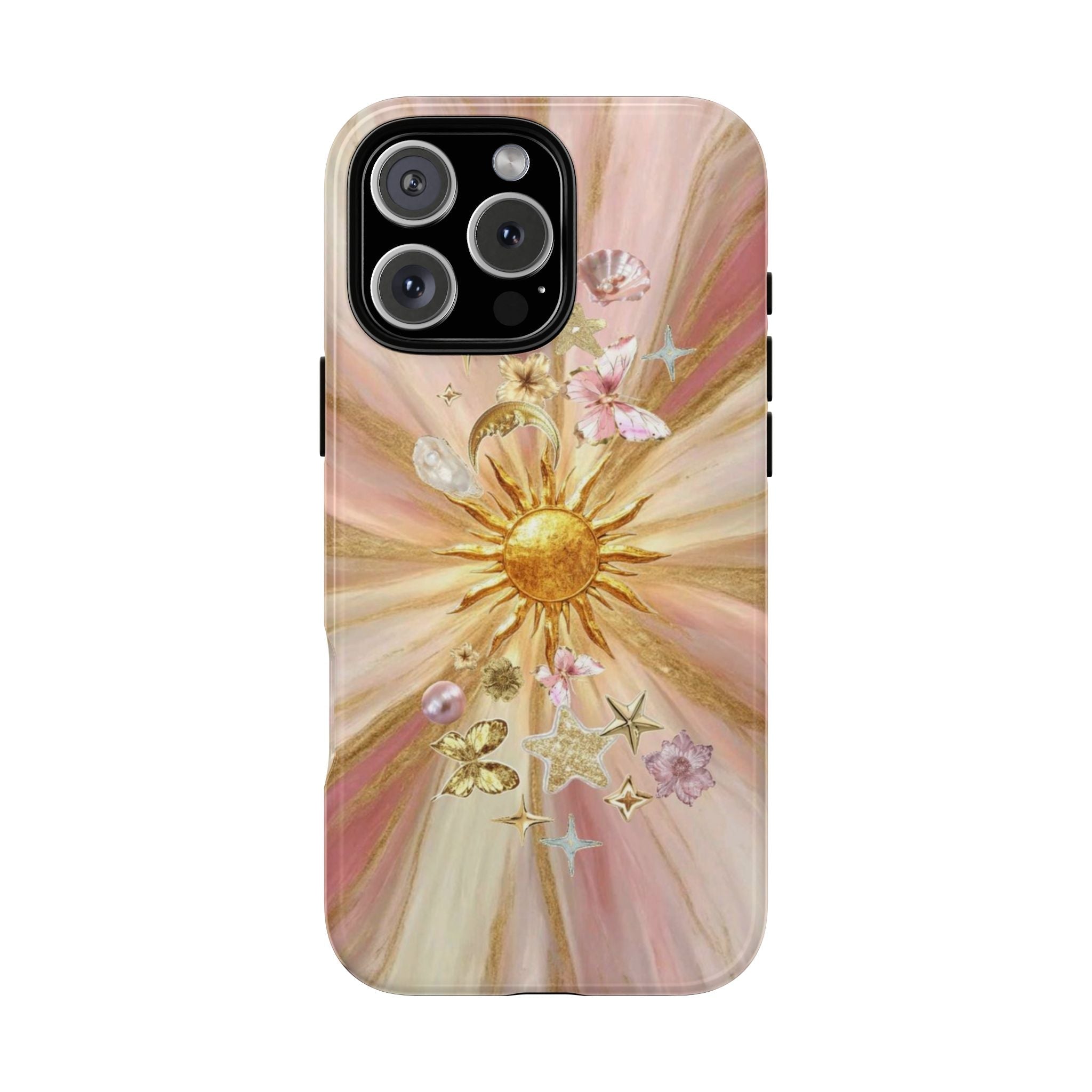 Sun-themed phone case with gold sun, pink blossoms, pearls, and star charms