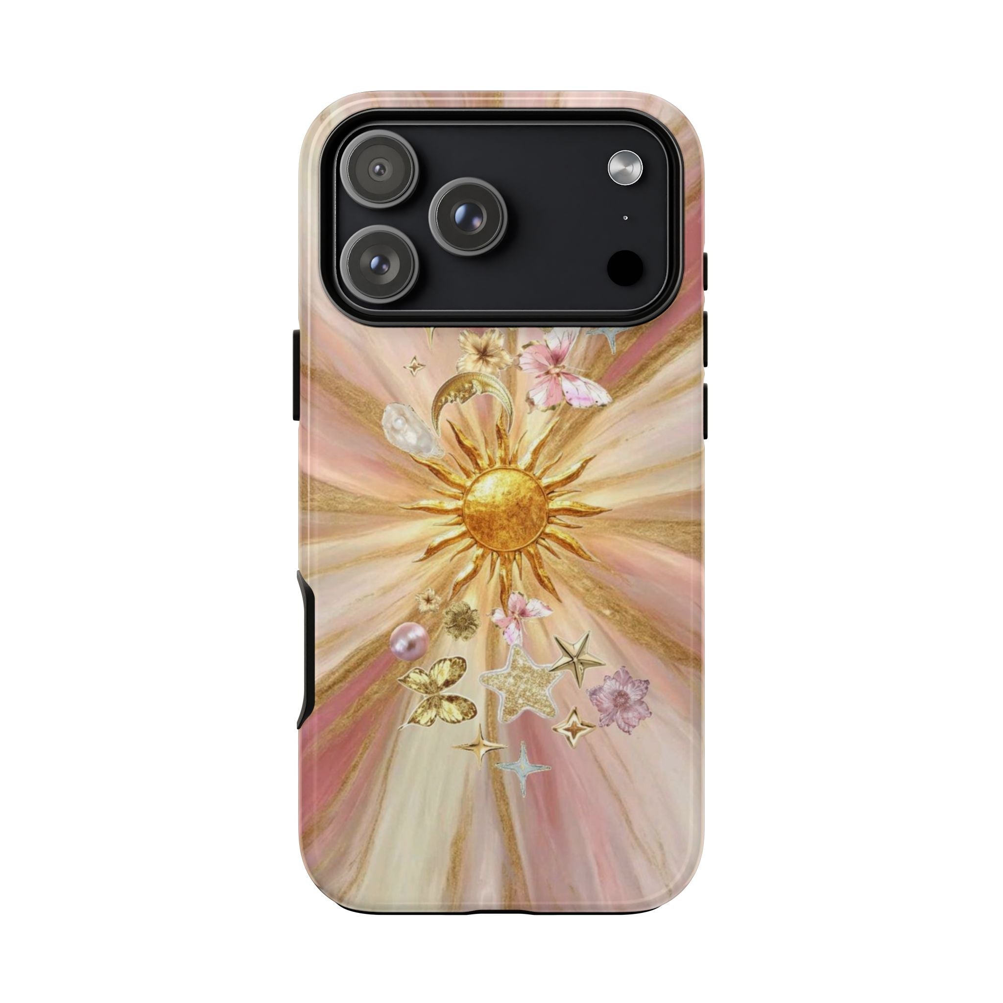 Sun phone case back view with gold burst center, pink flowers, and star sparkle