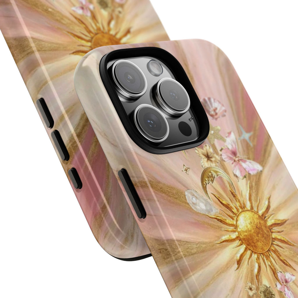 Sun phone case angled showing camera cutout and side buttons; gold sun and pink blooms