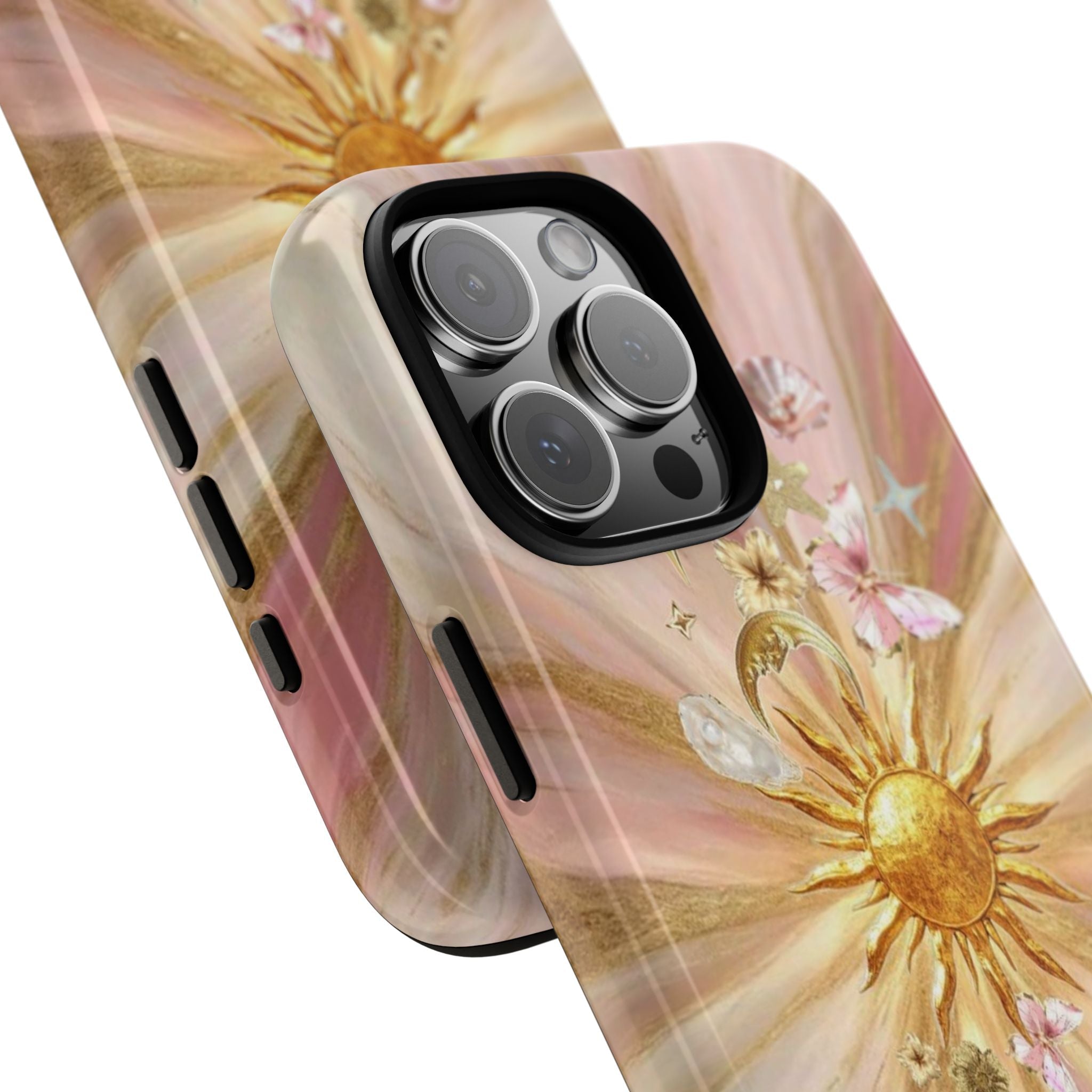 Sun phone case angled showing camera cutout and side buttons; gold sun and pink blooms
