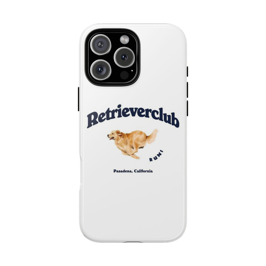 White phone case with Retrieverclub text, running golden retriever, camera cutouts