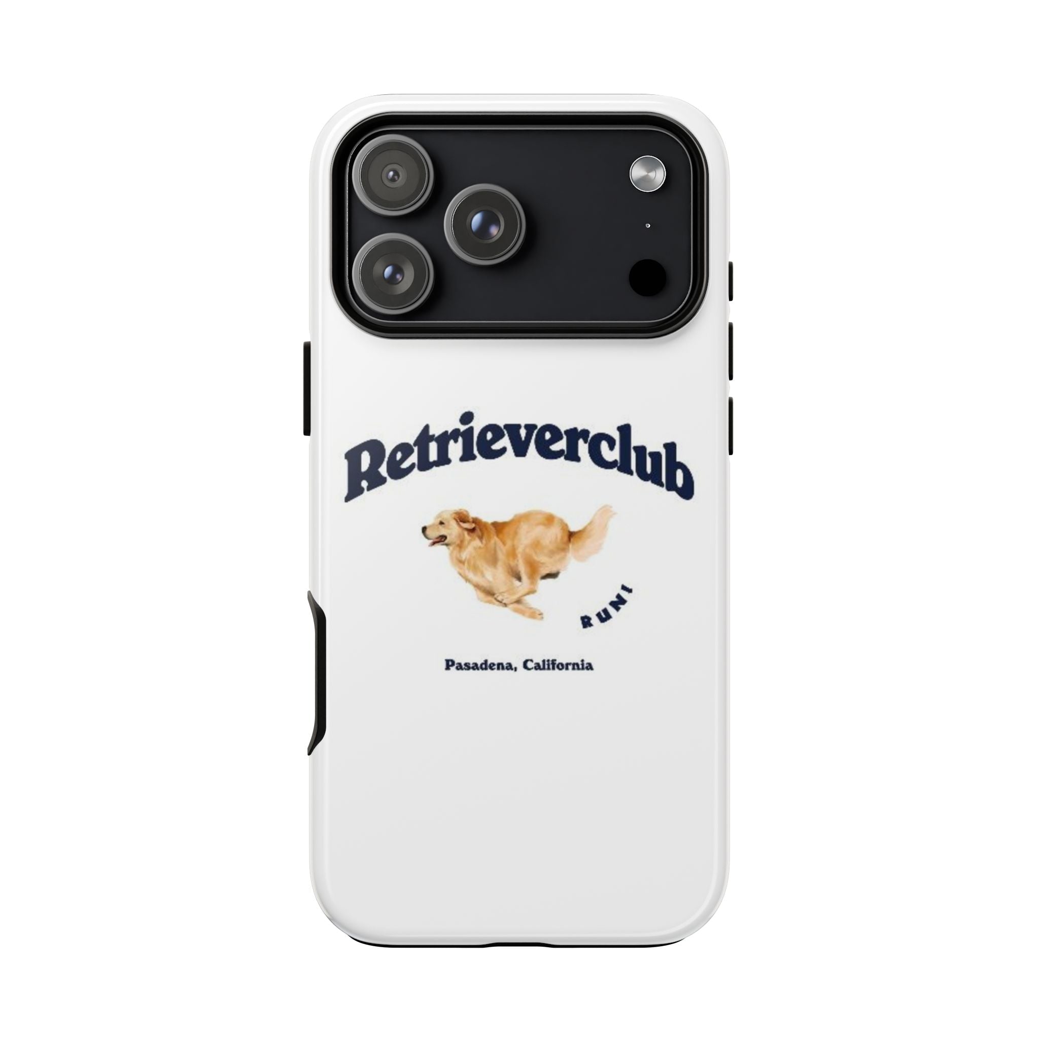 White phone case with Retrieverclub text and running golden retriever, raised camera rims