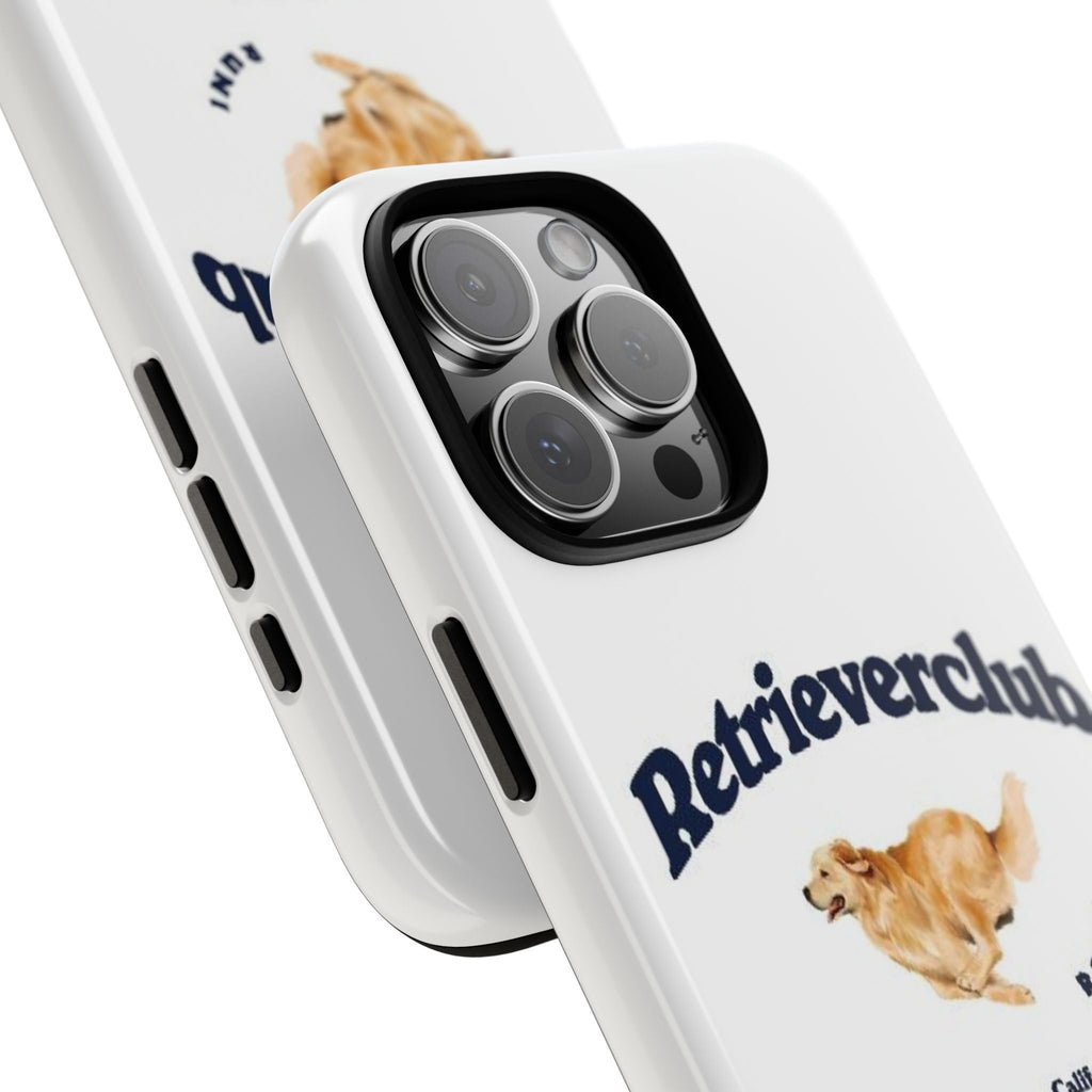 White phone case angled view, Retrieverclub graphic and golden retriever, camera lens openings