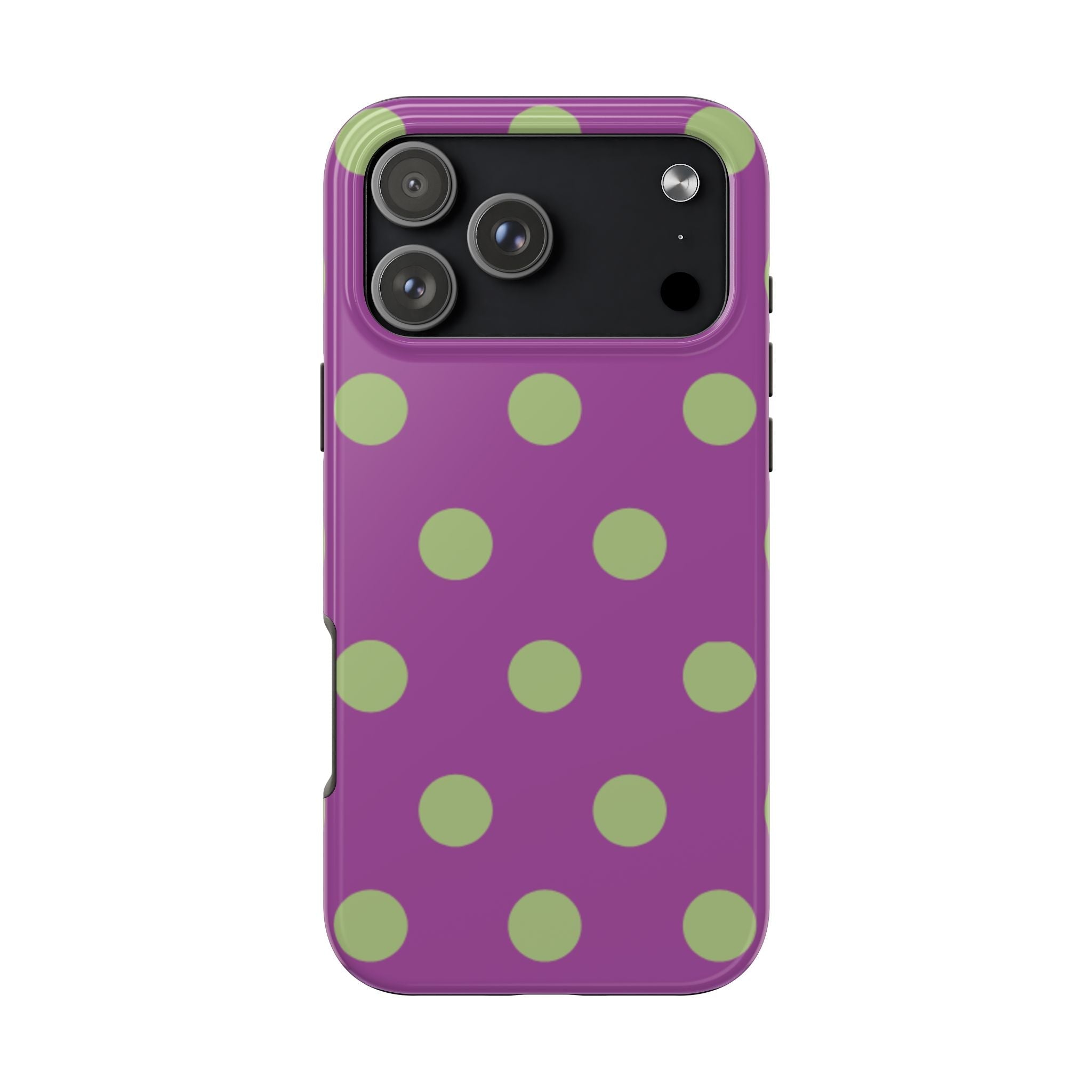 Purple phone case with green polka dots and camera cutout