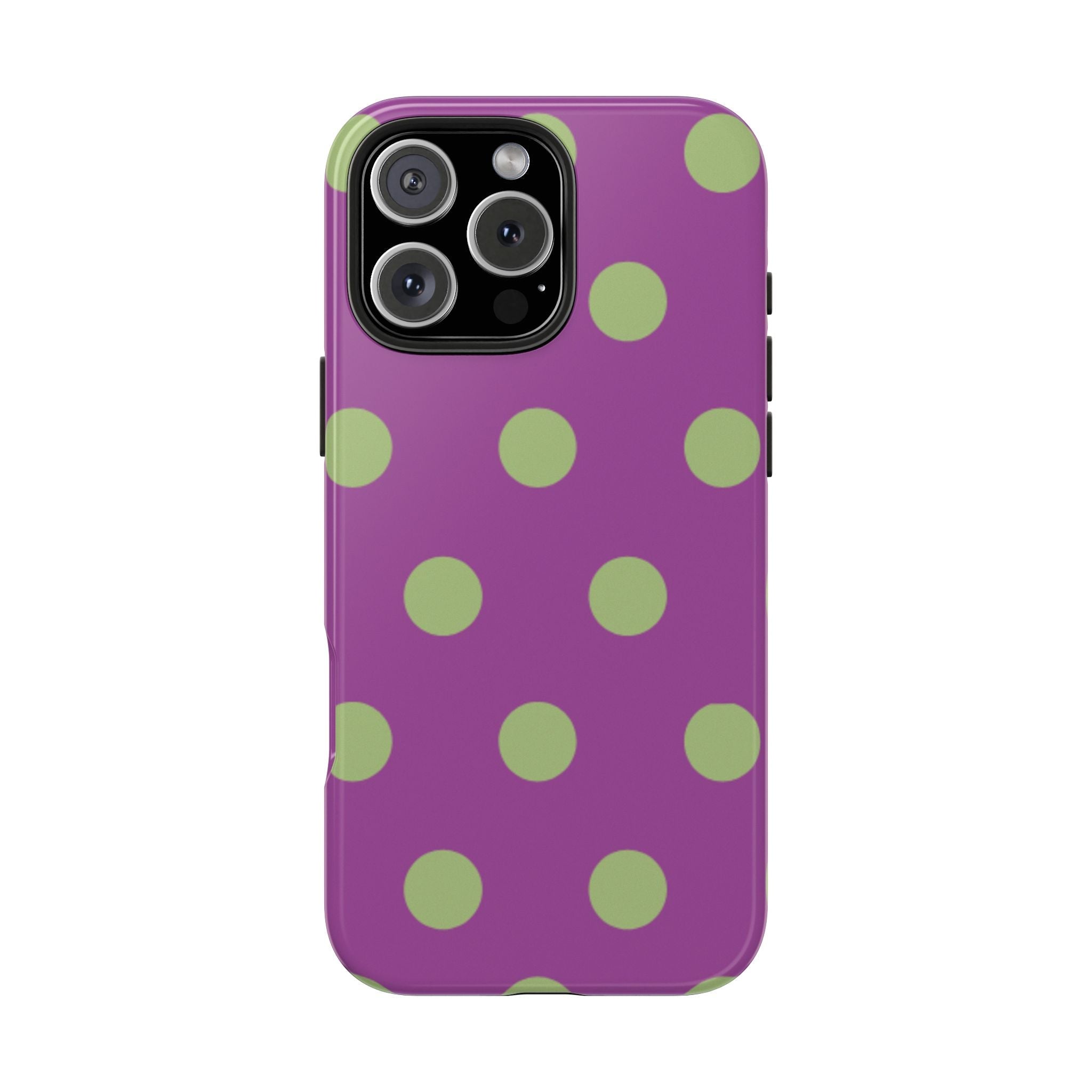 Purple polka dot phone case with green dots and raised camera bump