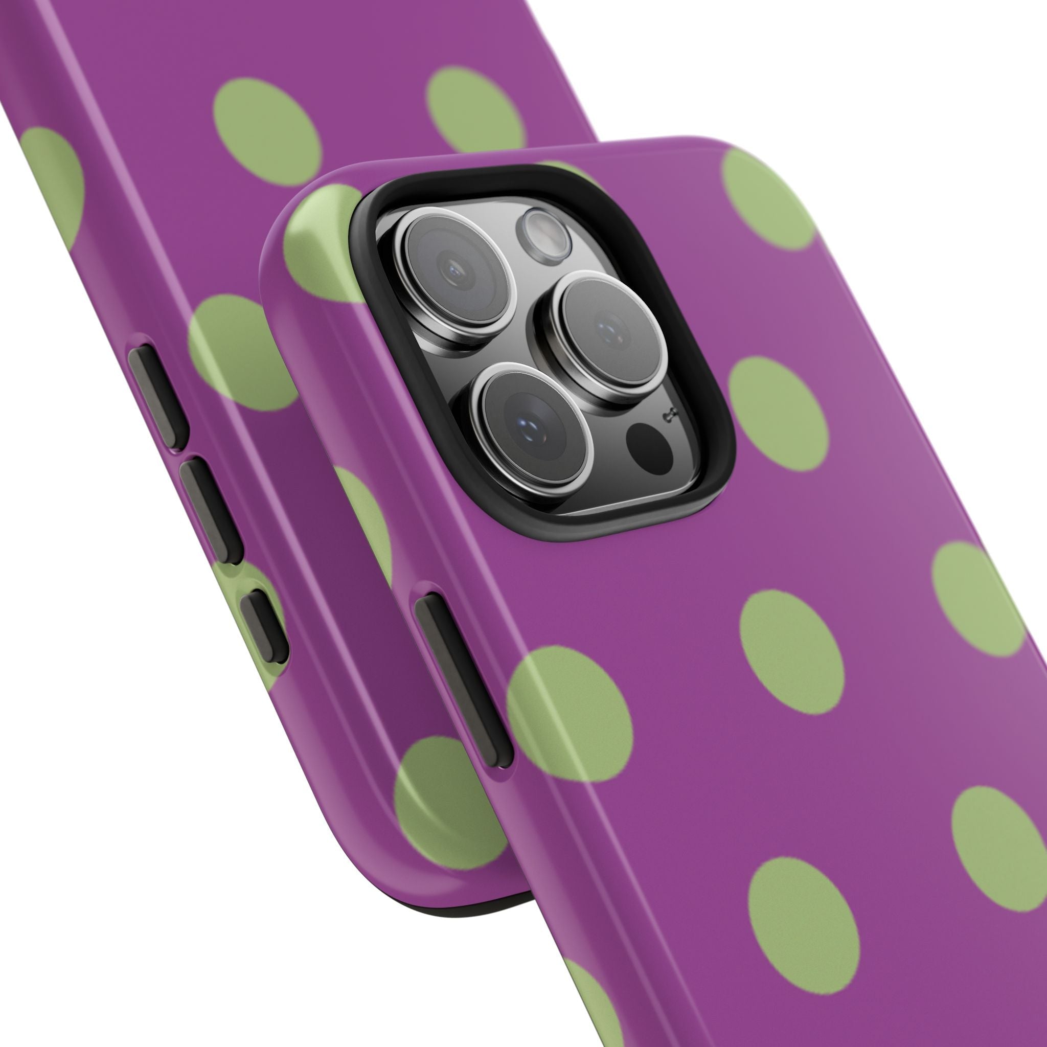 Polka dot purple phone case with green dots, edge buttons, and camera lens cover