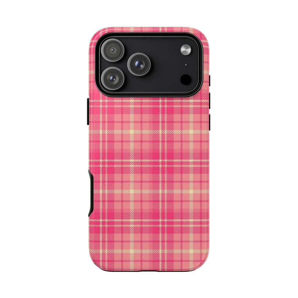 Pink plaid phone case with cream check pattern and raised camera area