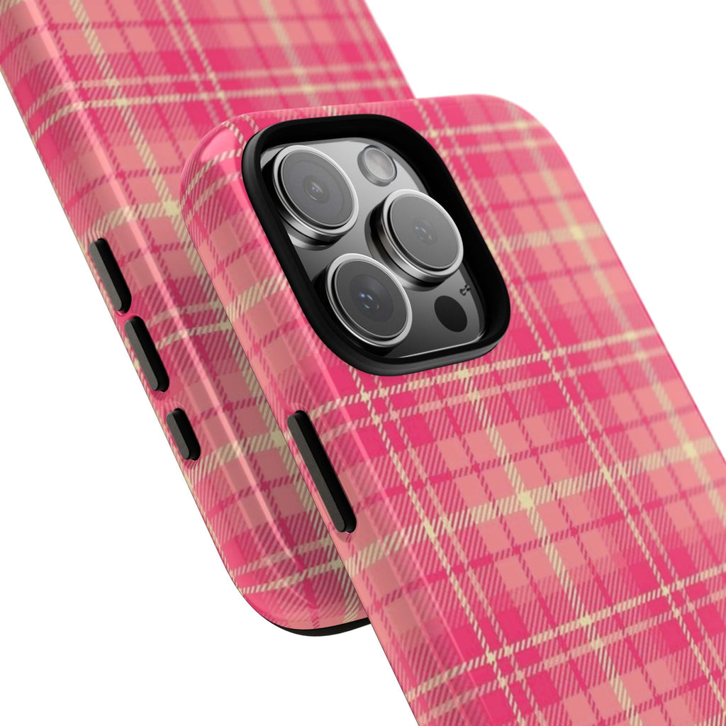 Pink plaid phone case with side button cutouts and raised triple-camera cover