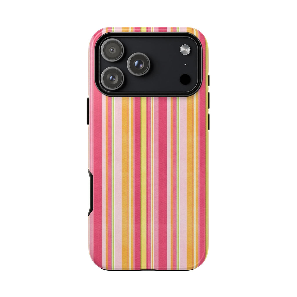 Back view of GRAPEFRUIT striped phone case with pink, yellow, and green stripes camera cutout