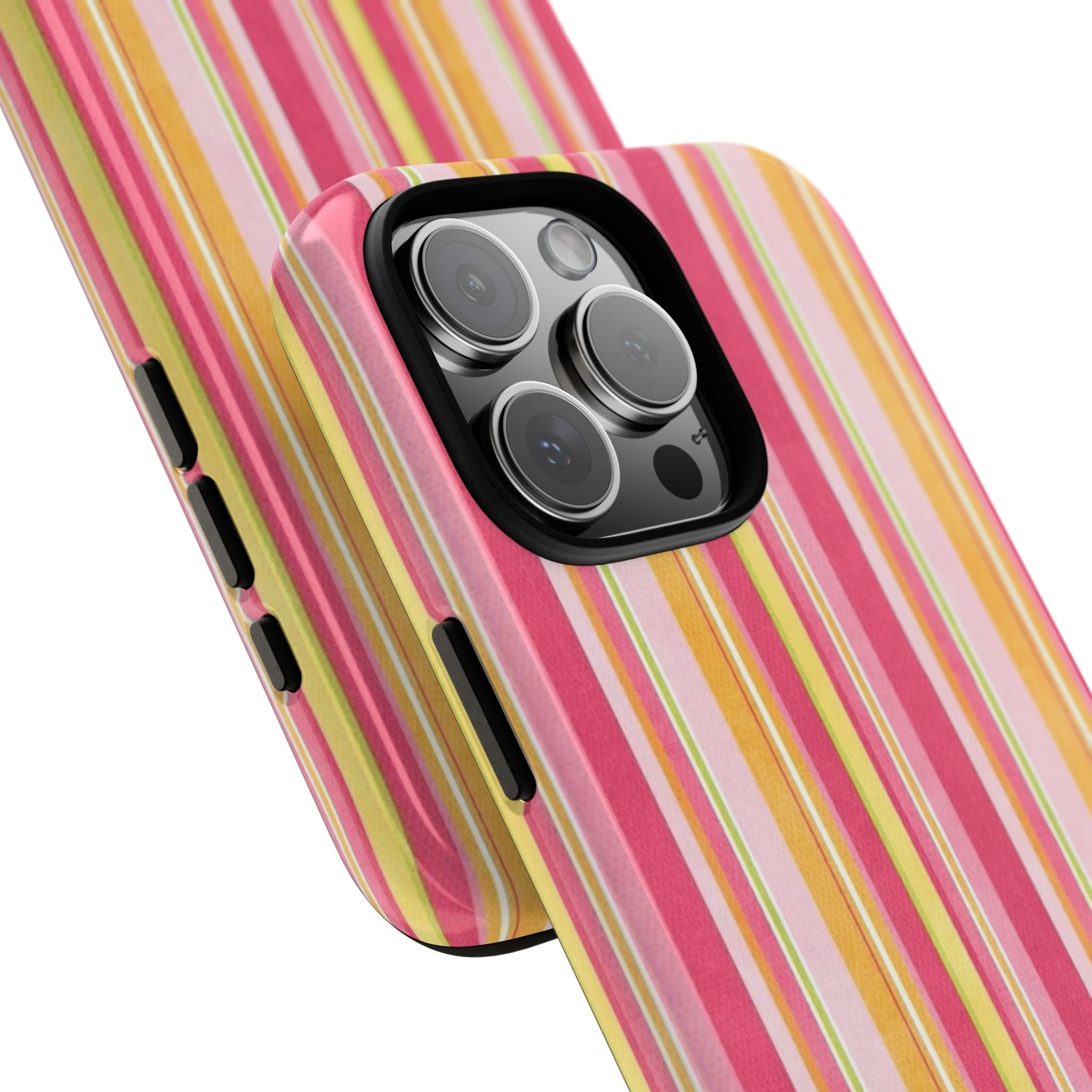 GRAPEFRUIT striped phone case angled view with pink, yellow, and green vertical stripes camera area