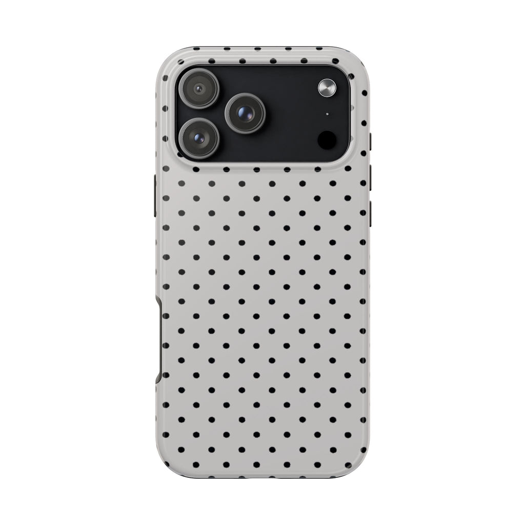 Gray and black polka dot phone case with camera cutout and raised edges