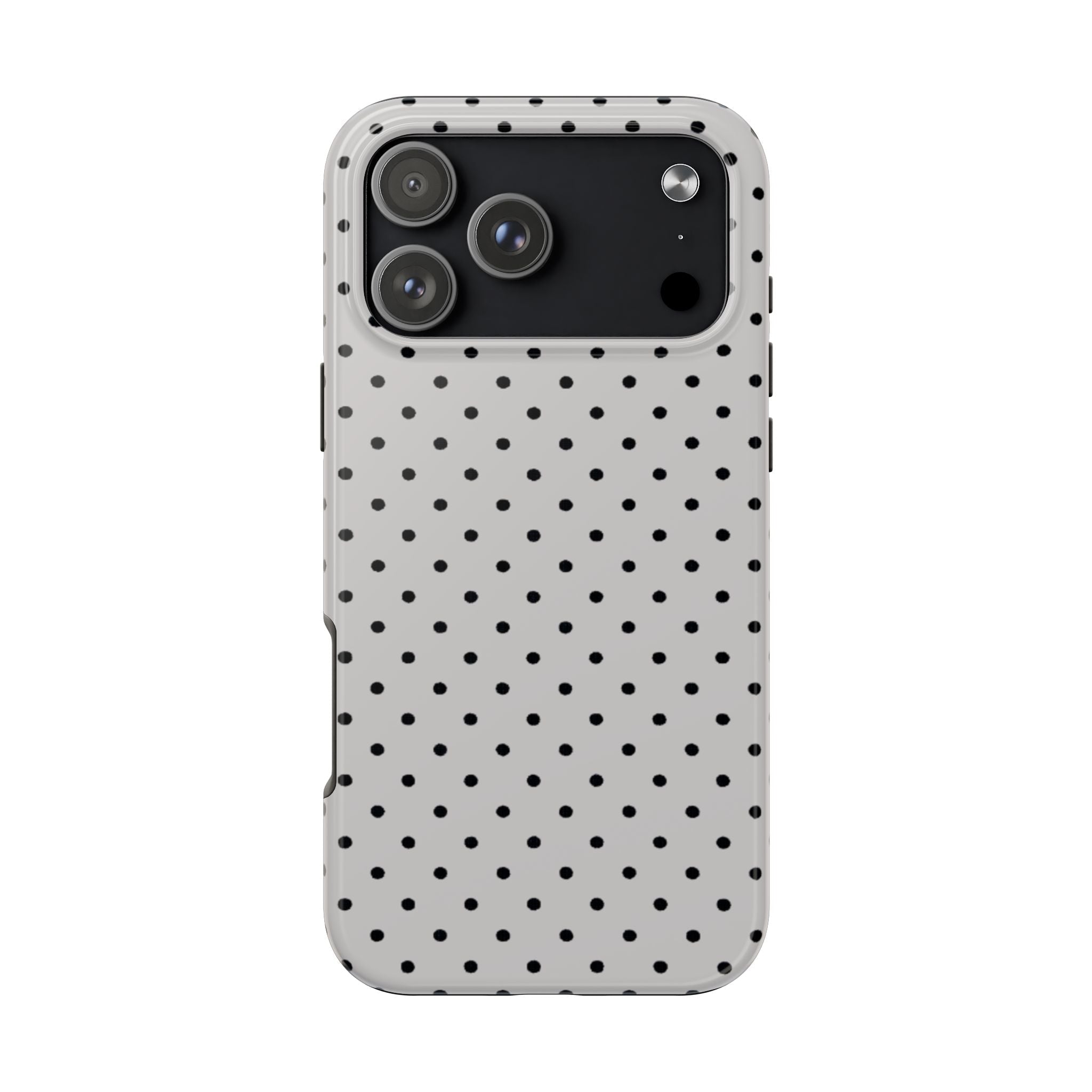 Gray and black polka dot phone case with camera cutout and raised edges