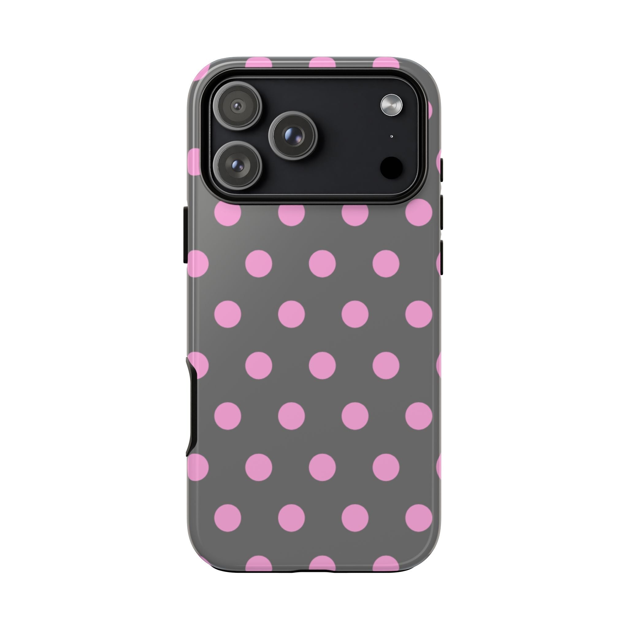 Gray phone case with pink polka dots, showing camera cutout and side button openings