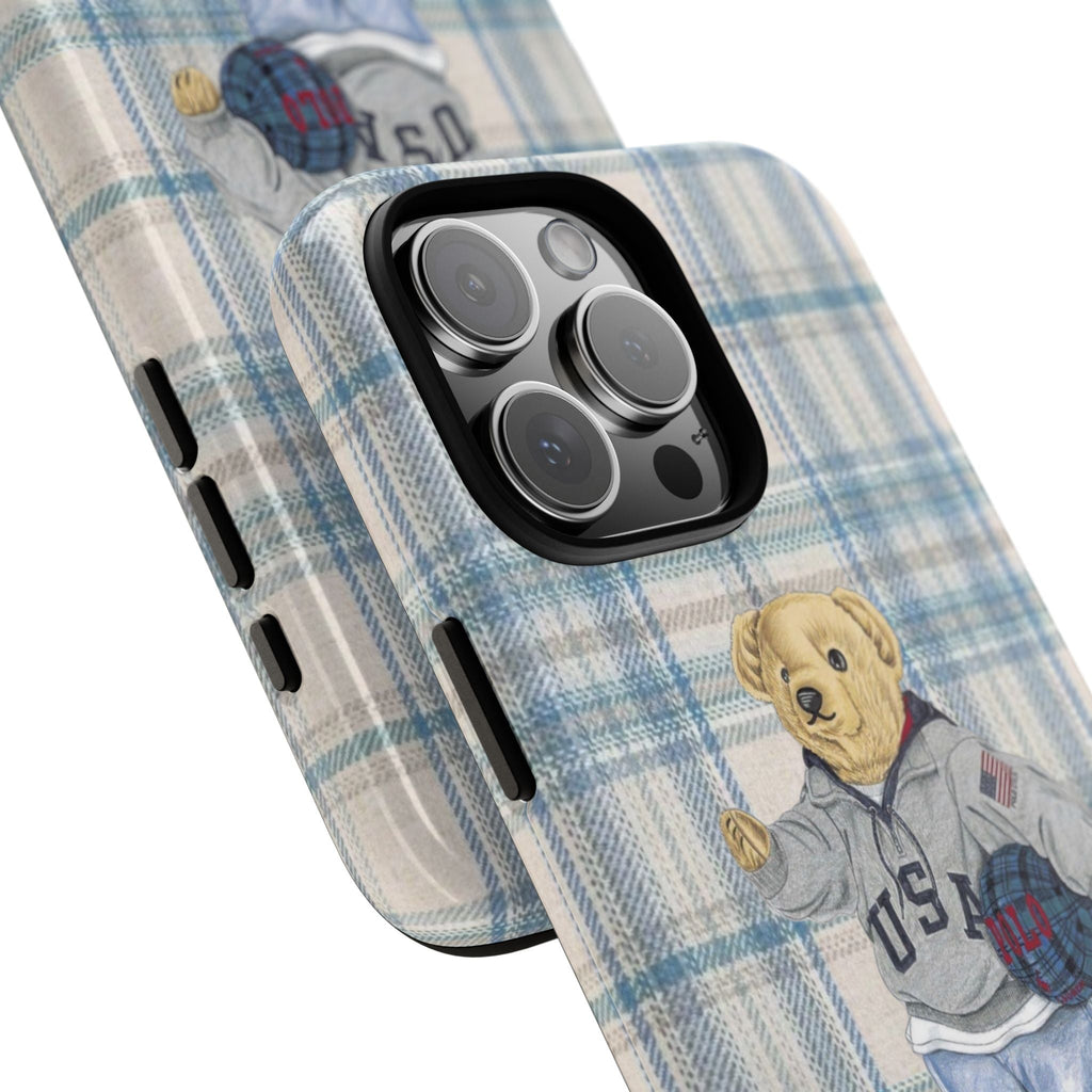 Angled gray plaid phone case with teddy bear graphic and camera cutout