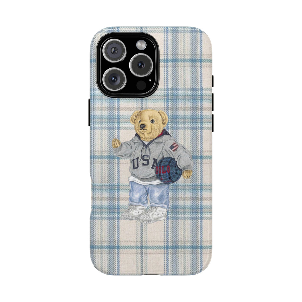 Gray plaid phone case with teddy bear in US basketball outfit on back