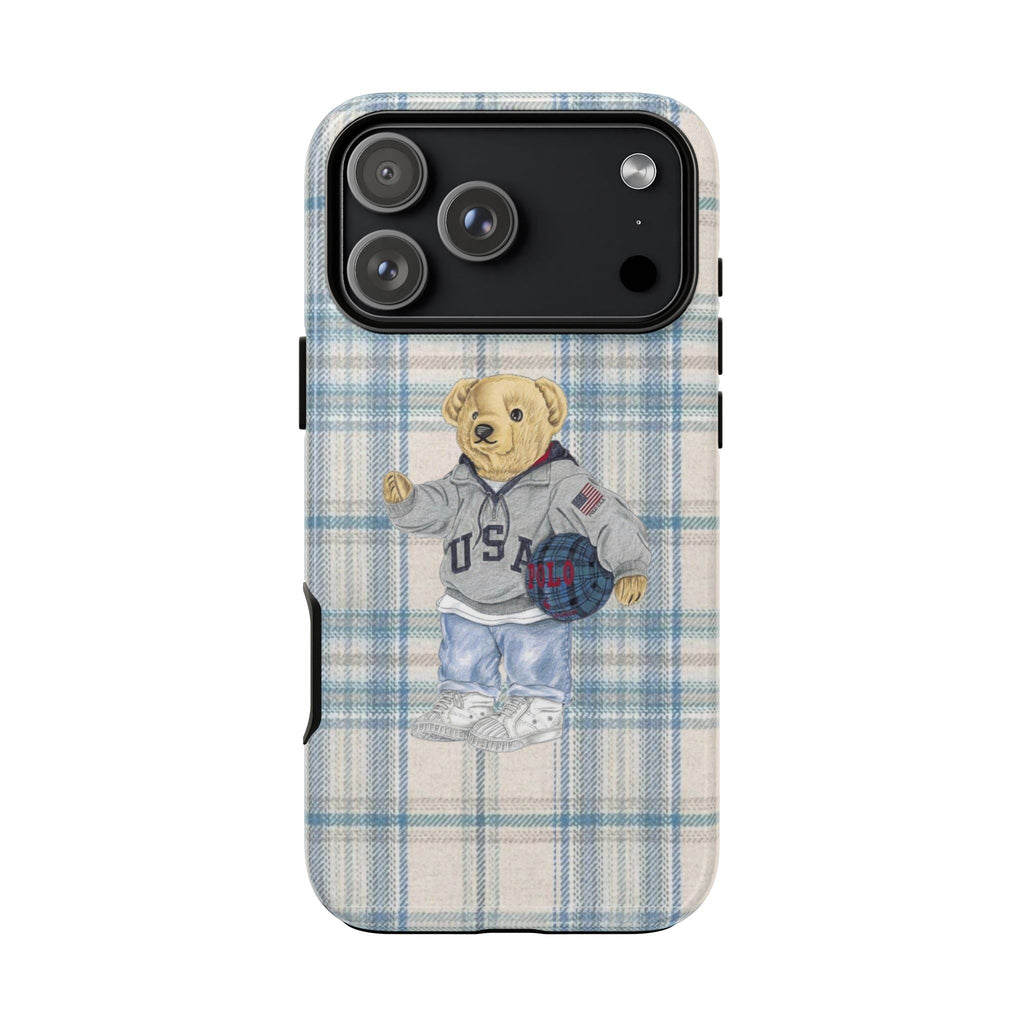 Gray plaid phone case back with teddy bear wearing gray USA basketball hoodie