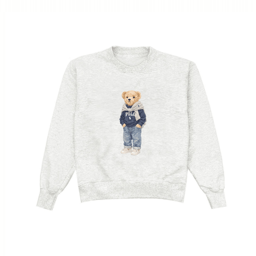 Heather gray crewneck sweatshirt with teddy bear graphic wearing navy outfit