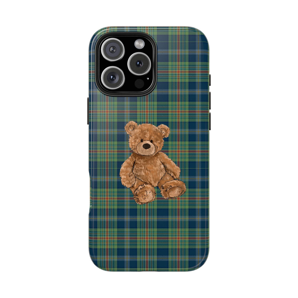 Green and blue plaid phone case with standing teddy bear patch in center